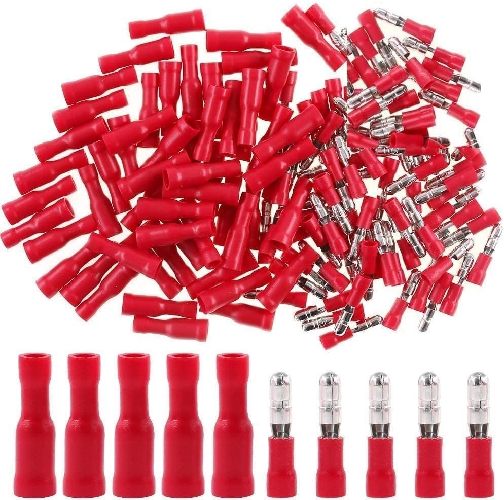 Fully Insulated Male Female Wire Bullet Connector Electrical Crimp Terminals, Pack of 100 Pieces (Red)