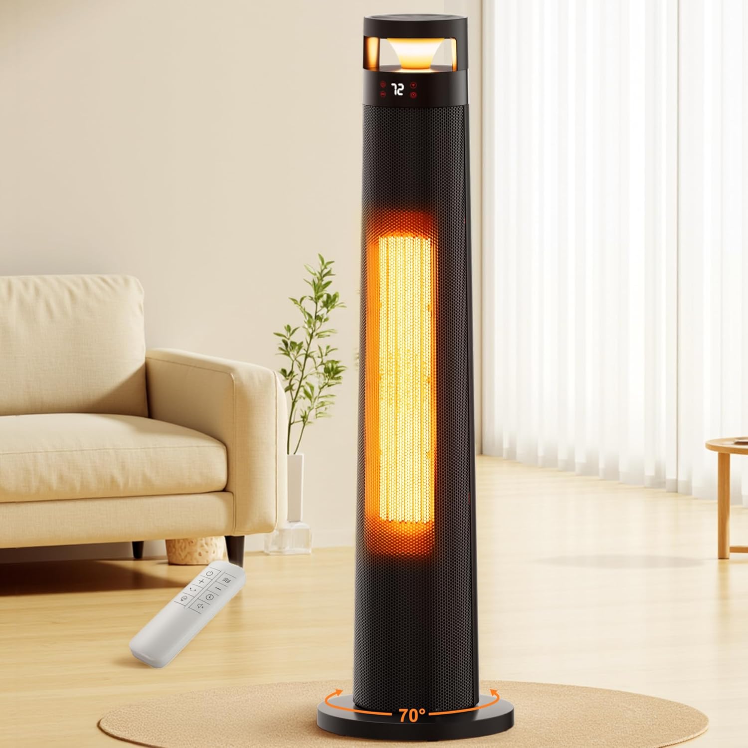 AKIRES 34IN Tower Space Heater with remote control in a living room setting.
