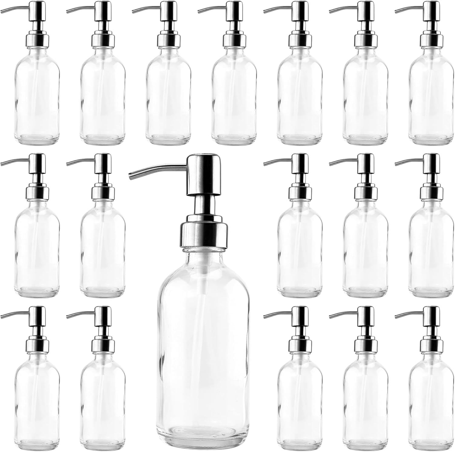 Cornucopia Brands 8oz Clear Glass Bottles with Stainless Steel Pumps (24-Pack)