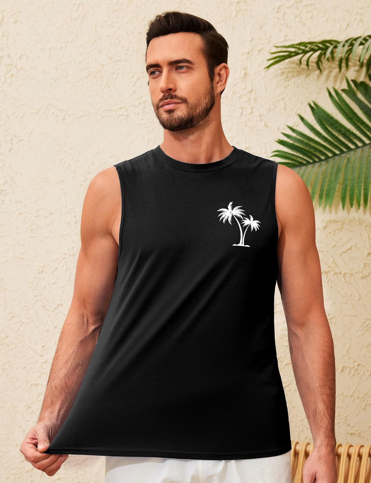 UMIPUBO Tank Top Herren Sommer Ärmellos Achselshirt Sport Muskelshirt Baumwolle Unterhemd Fit Workout Palme Gedruckt Strand Urlaub Männlich Lässig Leichtes Top