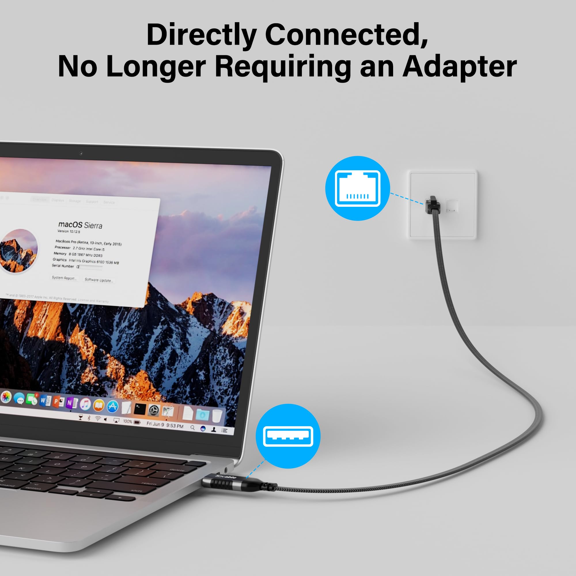 Flat USB to Ethernet Cable 15 FT, USB 3.0 A to RJ45 Thin Cord, Directly Connected, Aluminum, Braided, OFC, USB to RJ45 Gigabit LAN Network Cable for Laptop, PC, Switch and More, OD: 0.8in x 0.25in