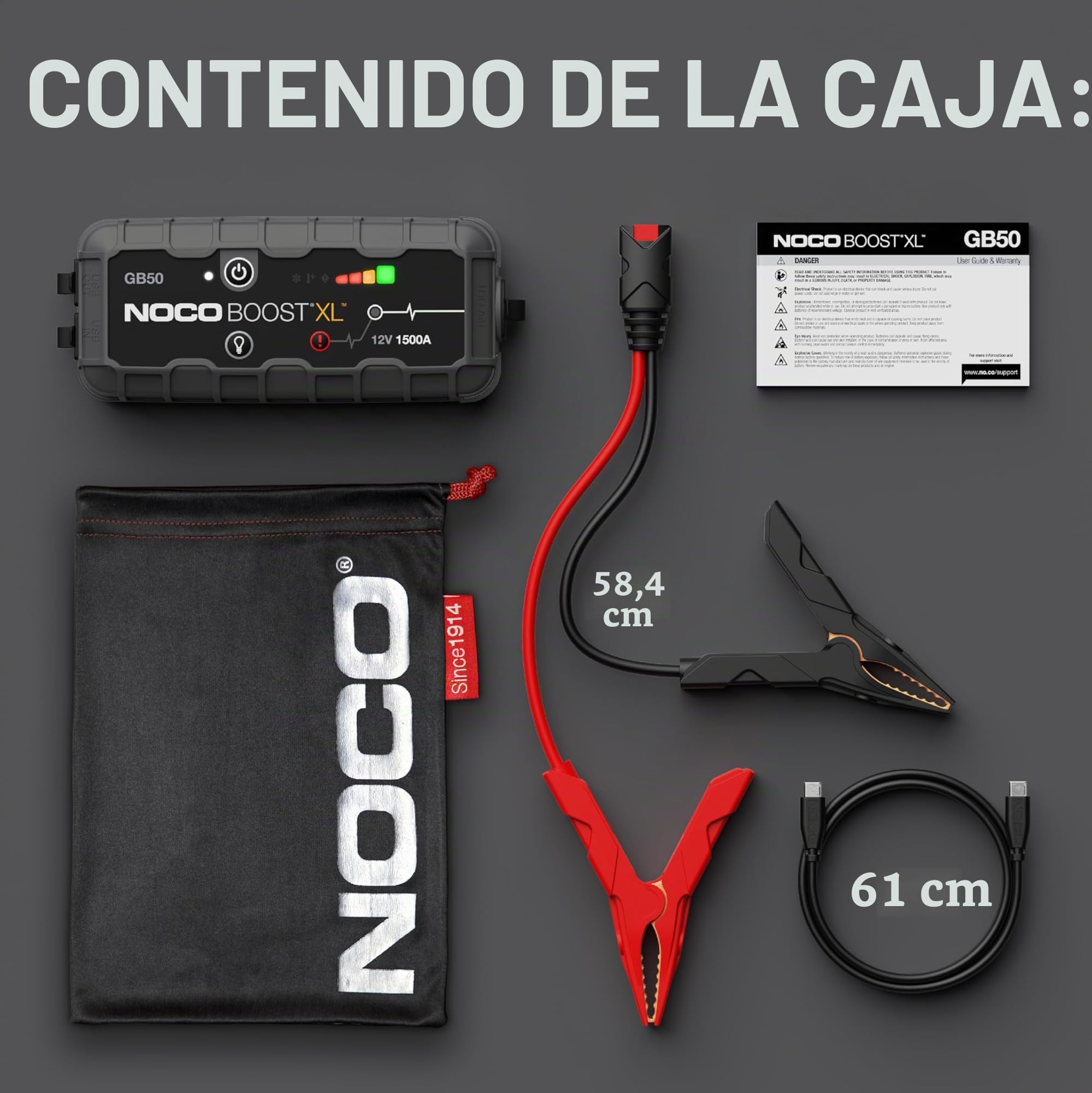 NOCO Boost GB50: Arrancador de Batería de Litio de 1500A UltraSafe – Antichispas y Protección contra Polaridad Inversa – Power Bank USB y Linterna LED – para Motores de Gasolina 7,0L y Diésel 4,5L