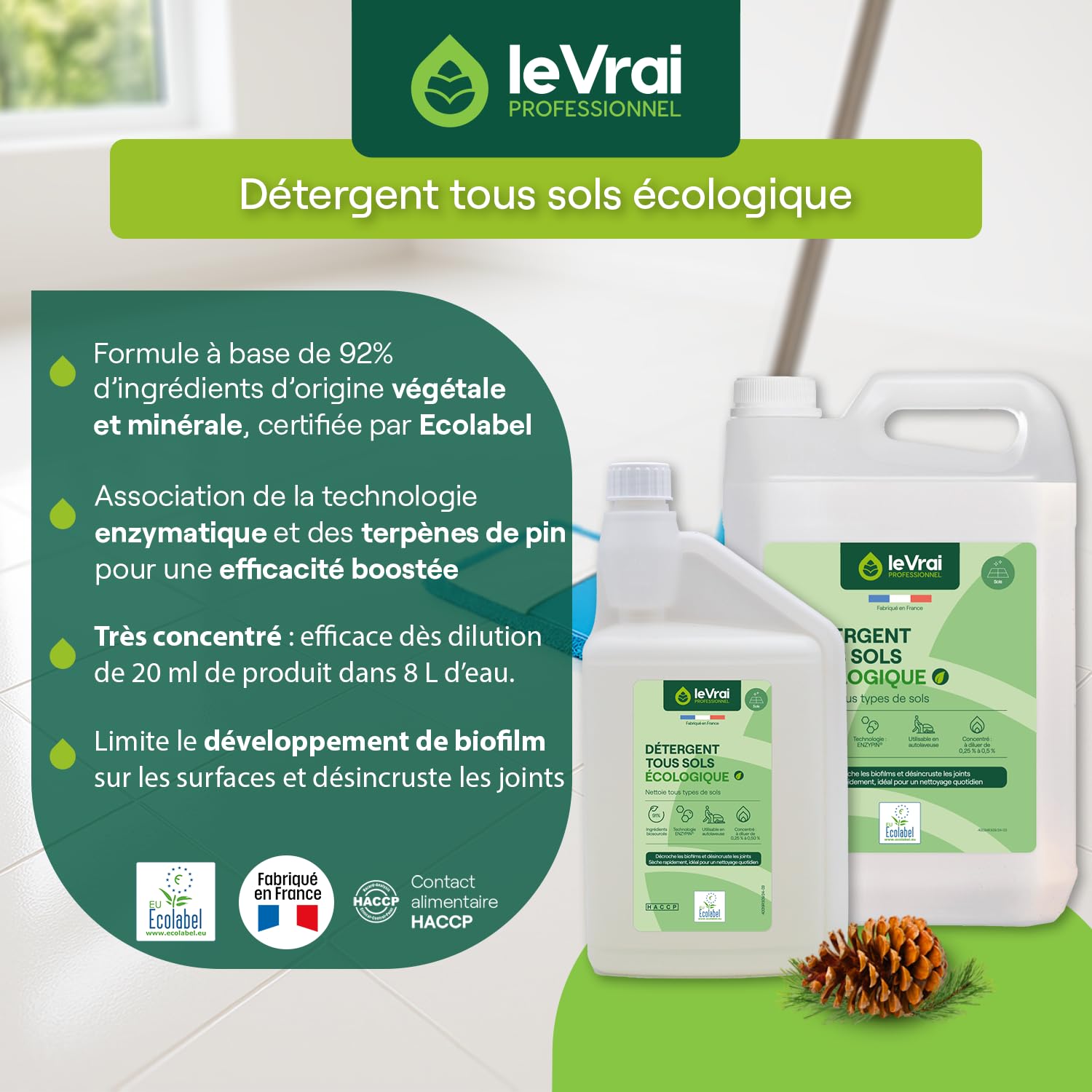 LE VRAI PROFESSIONNEL - Bactopin Plus Prêt à l’Emploi - Détergent Désinfectant Tous Sols - Bactéricide, Virucide, Levuricide - Parfum Pin des Landes - Fabrication Française - Bidon 5 L