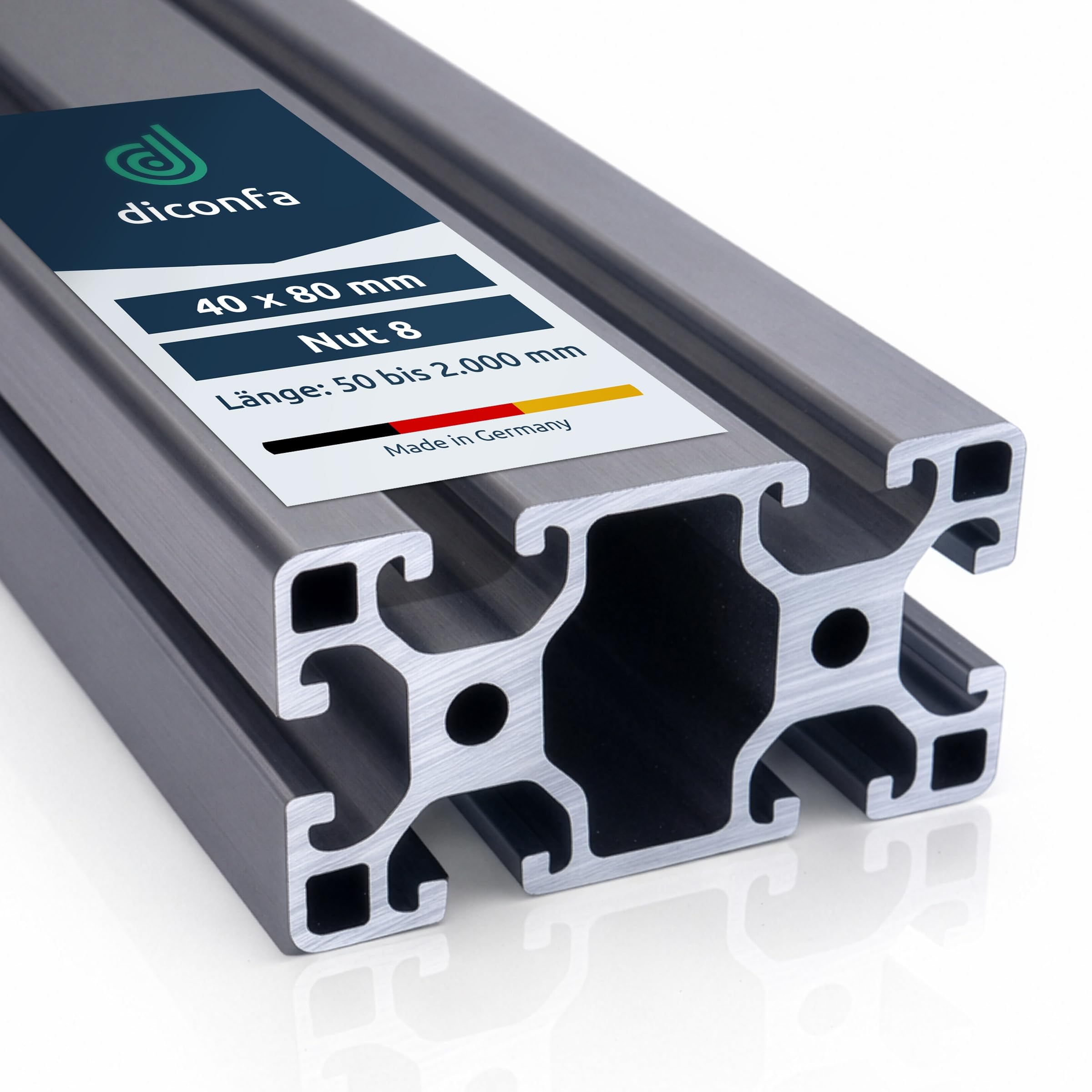 diconfa Aluprofil 40x80mm Nut 8 - WÄHLEN Größe & Menge - 4 Stück, 2000mm lang T-Nut Schiene - Aluminiumprofil Alu Profil kompatibel mit allen Aluminium System- / ITEMprofilen für INNEN AUßEN