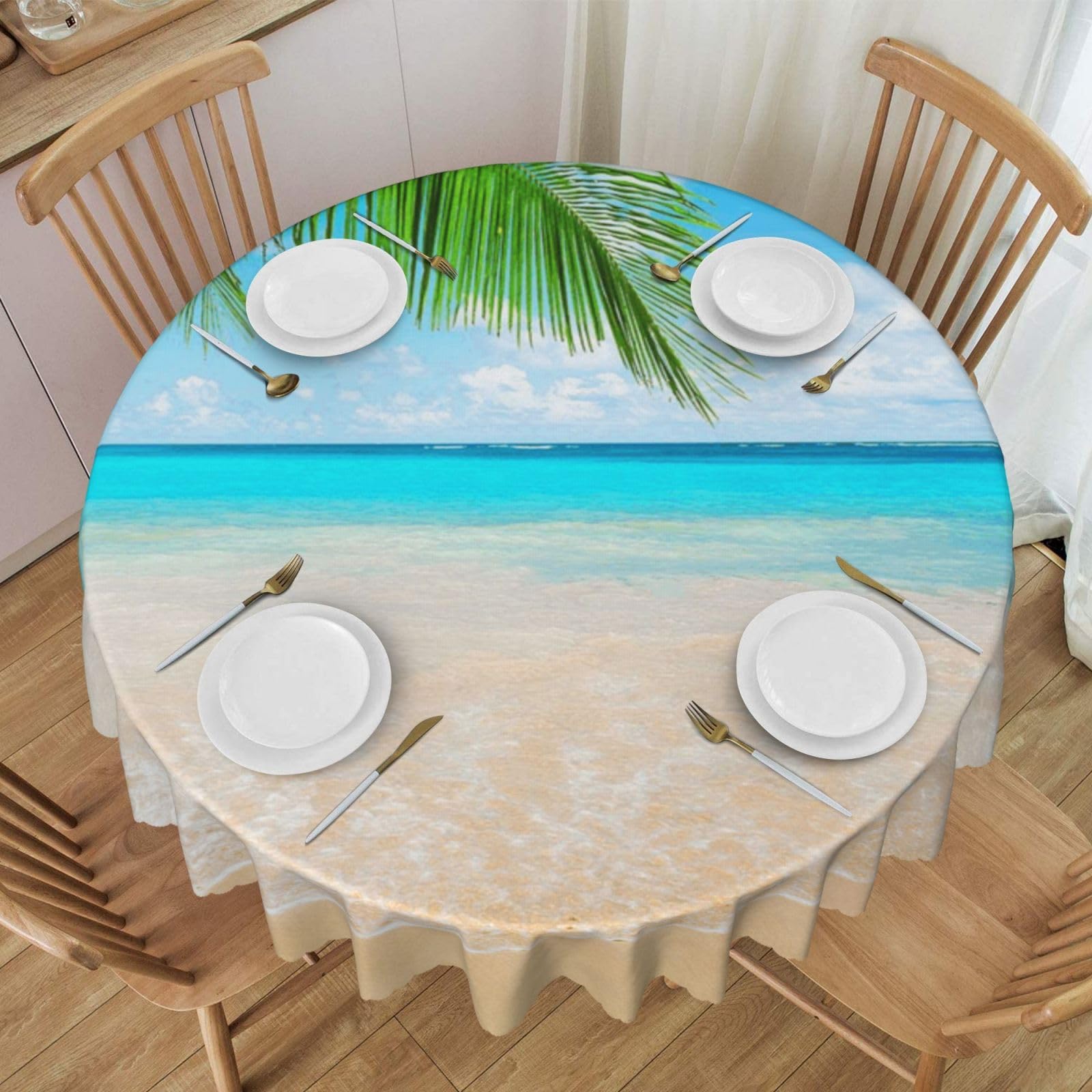 DCEHGEW 60 In Round Tablecloth with Lace, Tropical beach plant theme Printed Oilproof & Washable Fabric Picnic Table Cloth Table Covers