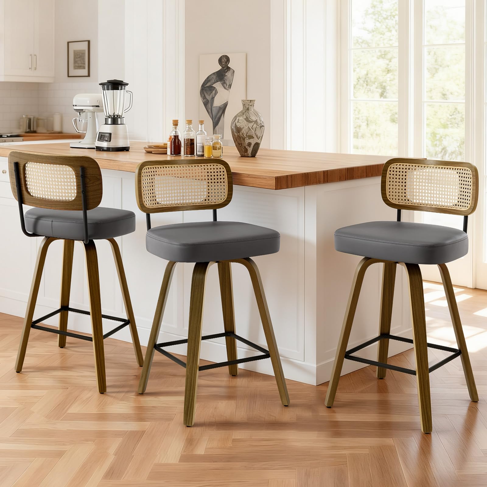 Bekrvio Barhocker 2er Set 74 cm Sitzhöhe, Barhocker Rattan mit Lehne, 360° drehbar, extra Dicker Sitz (7,1 cm), Barstuhl Holz mit 4 Beinen, für hohe Kücheninsel & Theke (101–109 cm) Grau