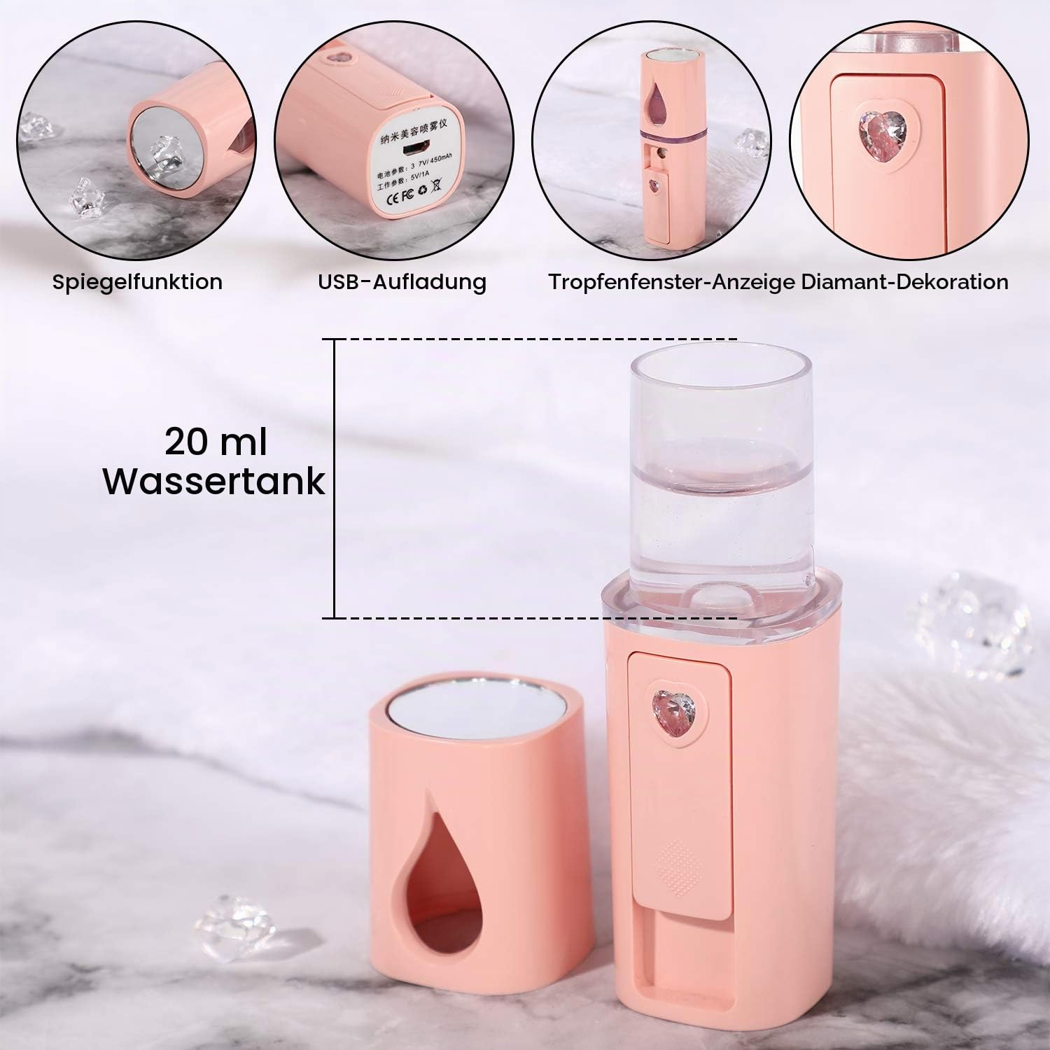 2 Stück Nano Gesichtsdampfer Tragbar Mini Gesicht Nebeldampfer Hand Gesichtsdampfer mit Spiegel Design Feuchtigkeitsspendend für Hautpflege, Makeup und Wimpern Verlängerung (Weiß, Rosa)