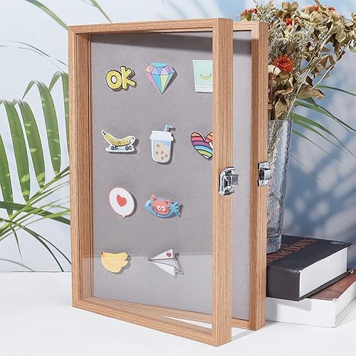 Miniatura 6 de OLYCRAFT Vitrina de madera con pin de madera, vitrinas para guardar insignias, broche con ventana transparente y perchas para insignias y medallas
