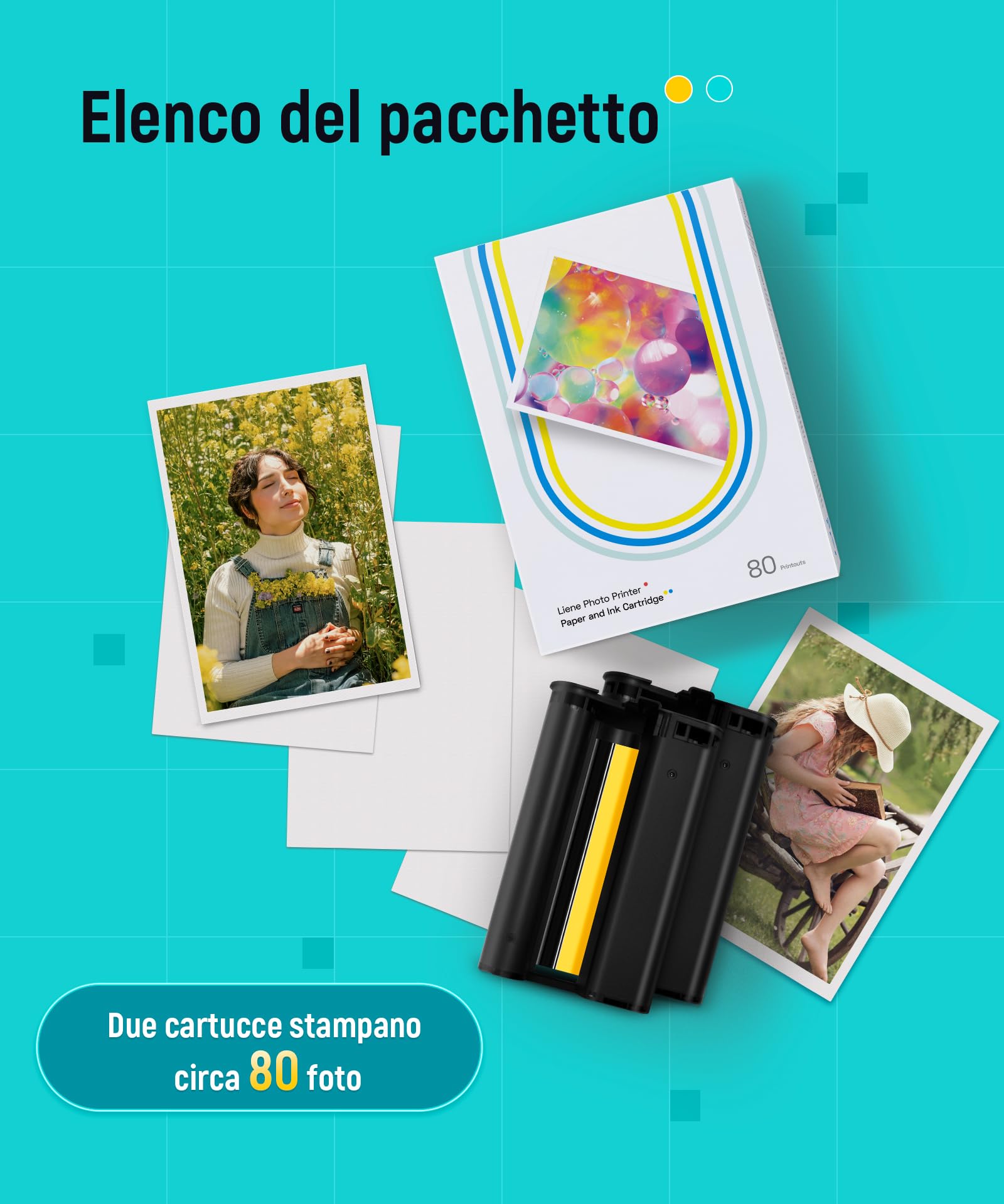 Liene Amber M100 M200 M110 M210 Carta Fotografica 10x15 cm 80 Fogli + 2 Cartucce d'inchiostro Sublimazione Termica