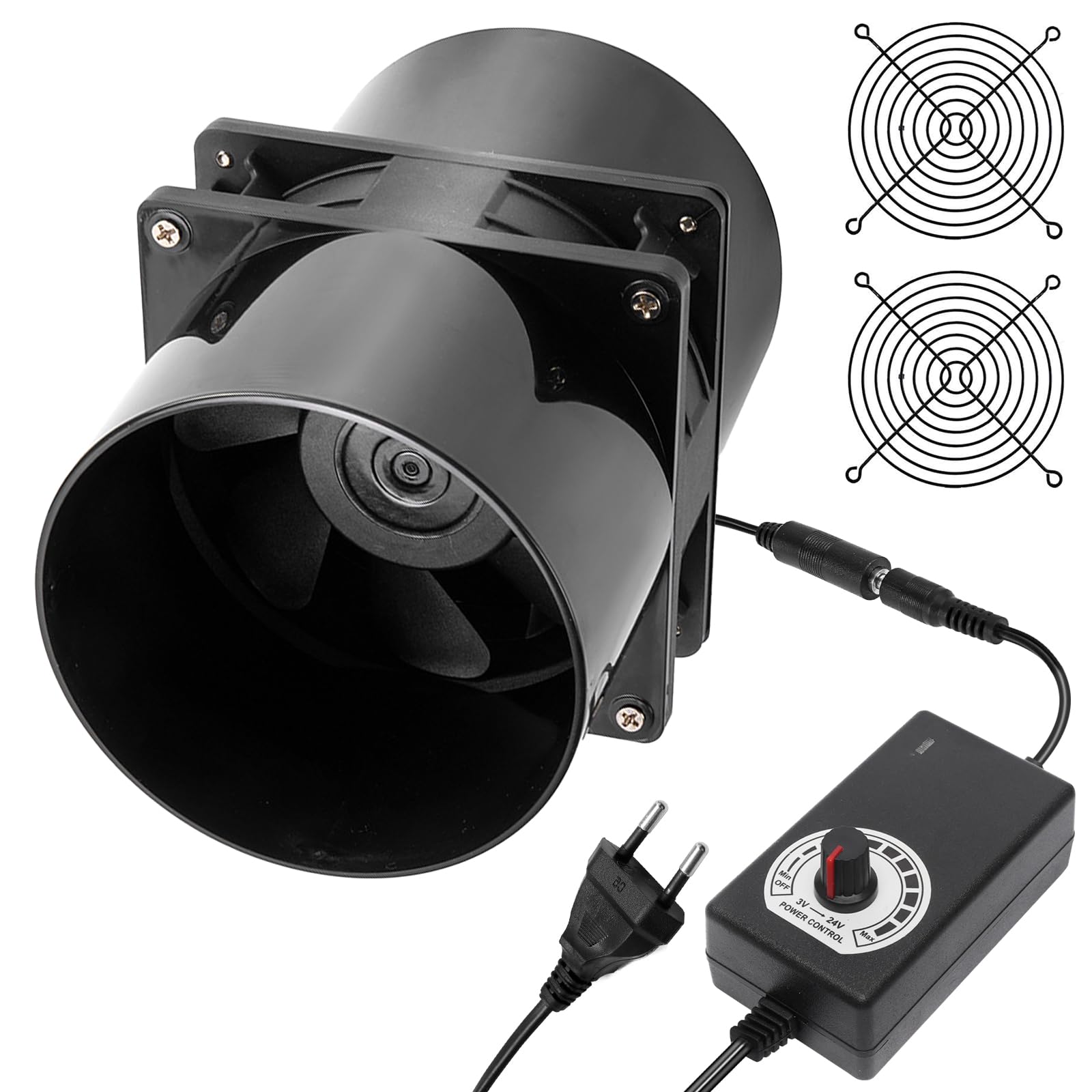 GOMETY Ventilatore tubolare da 100 mm, DC12 V, ventola assiale, 100 mm, con regolatore di velocità, ventola per tubi da 100 mm, rete silenziosa, adattatore per canale per serra, tenda da giardino