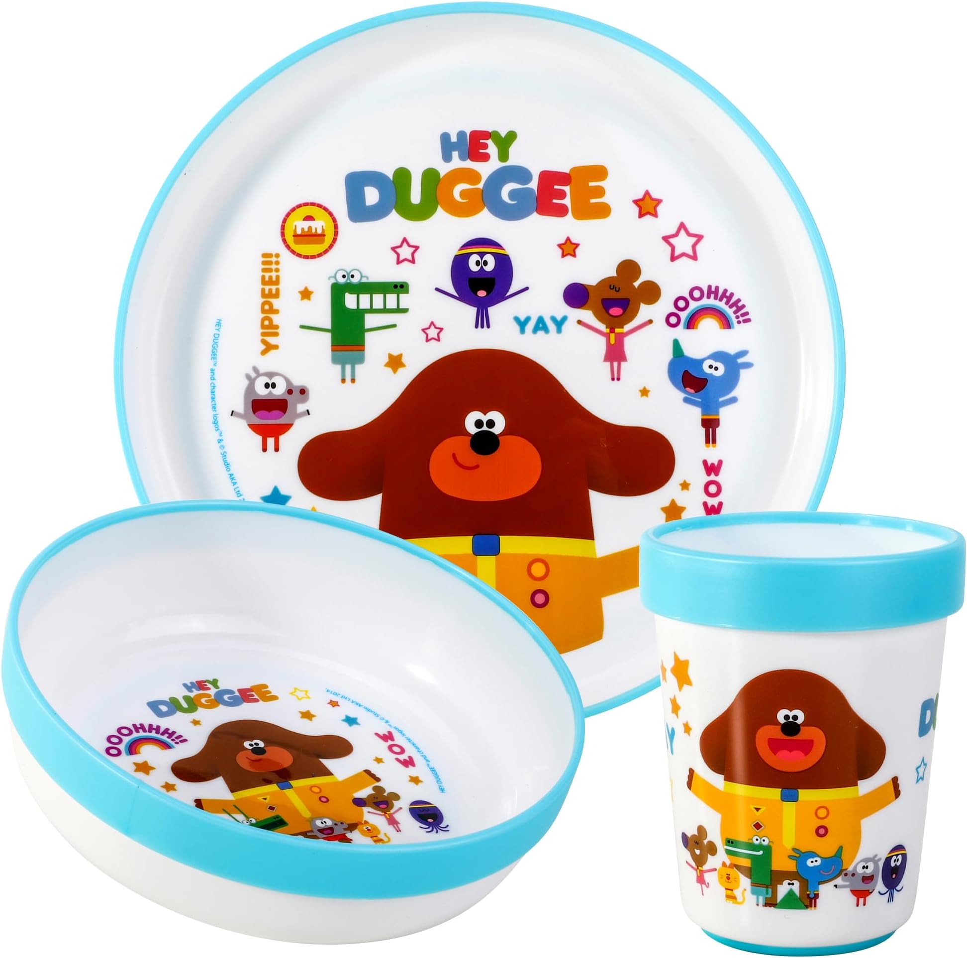 Hey Duggee 3pcs Reusable Bicolor Premium Kids Dinner Tableware Set Plate, Bowl & Tumbler, BPA Free