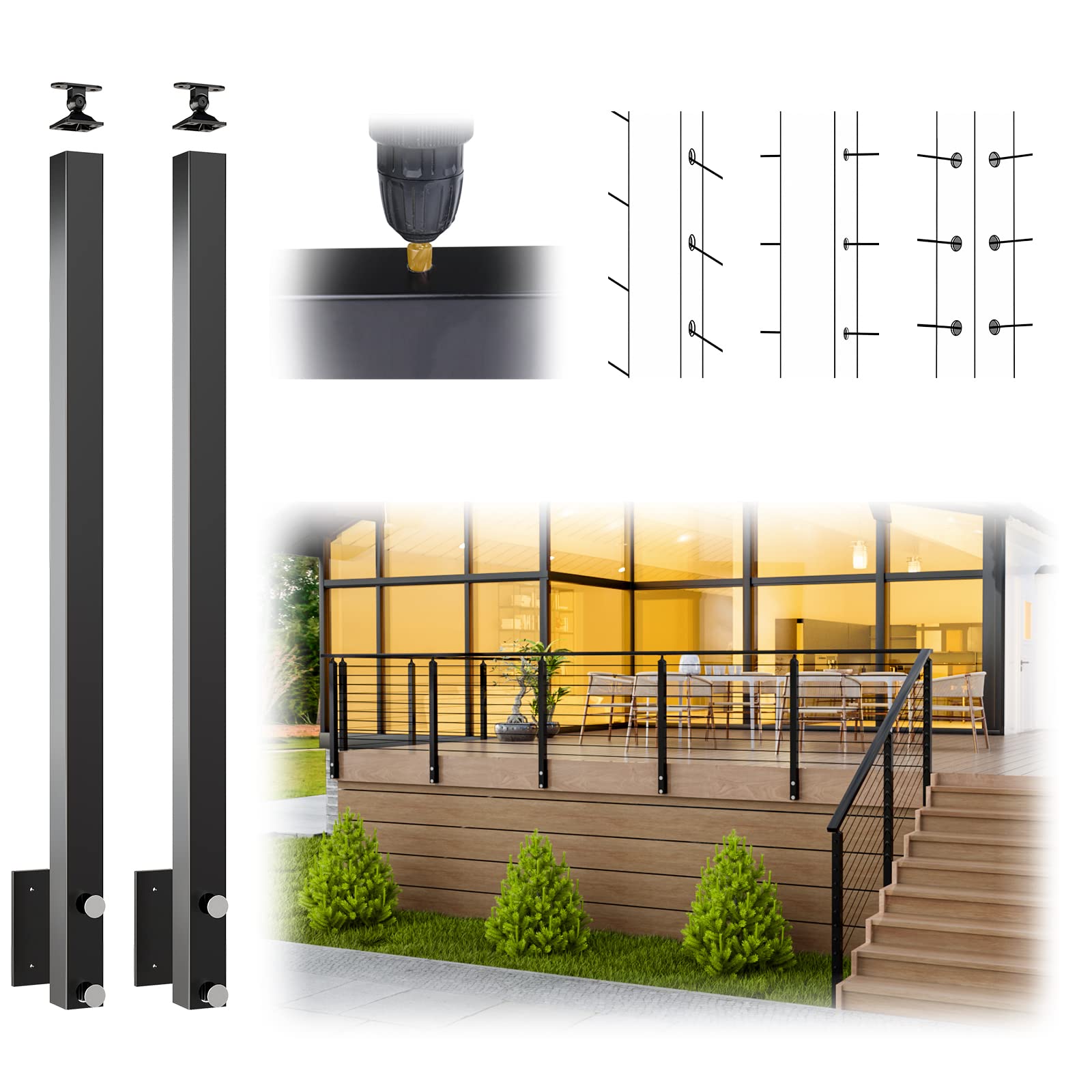 Photo 1 of ***MISSING HARDWARE***Muzata 2Pack Undrilled Aluminum Side Mount Post 36"X2"x2" (Post Body 40'') Adjustable Top Cable Railing Post Assembled Black Finish Wood Concrete Level Deck Angle Stair, PW01 BNAS