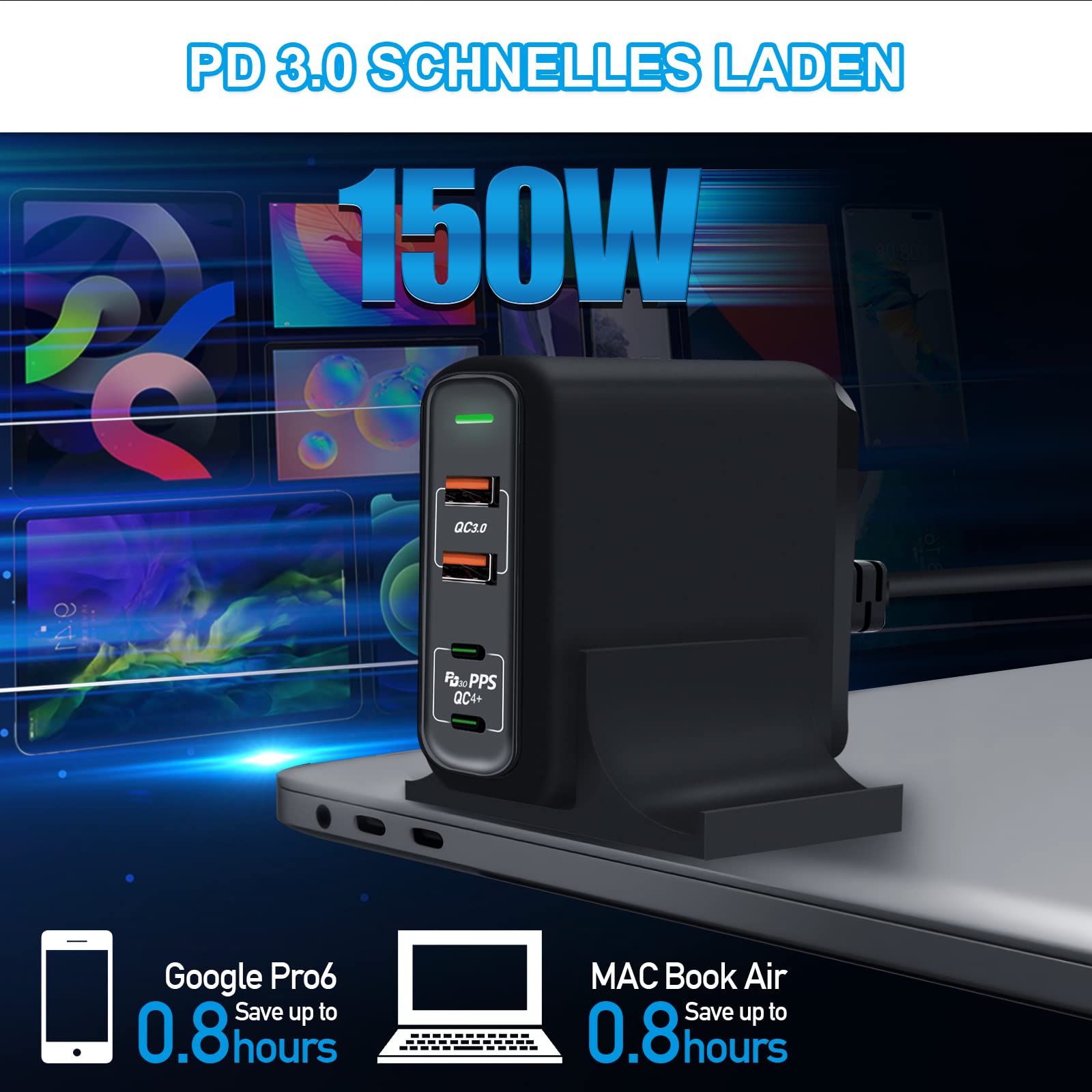 Caricabatterie USB C, Cshare 150 W 4 porte USB C 100W PD 3.0 PPS QC 3.0 Alimentatore rapido compatibile con MacBook Pro/Air, Phone 13 Pro Max Dell XPS 15 HP Spectre Google Pixel 6 Pro Laptop