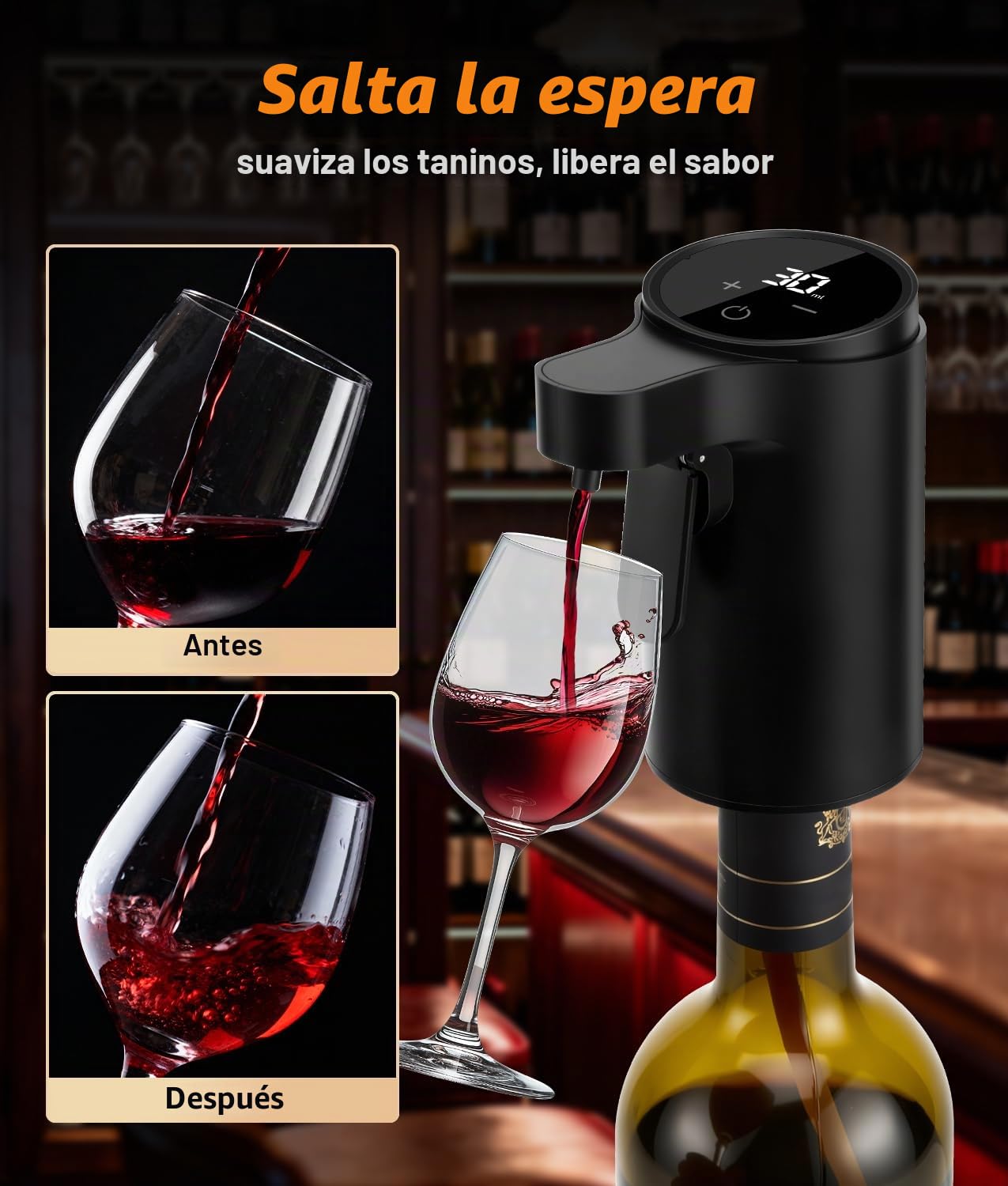 PAHTTO Decantador de vino eléctrico, aireador de vino, bomba de licor de whisky con una sola mano, dispensador, vertedor, regalo de cumpleaños ideal para familiares y amigos (negro)