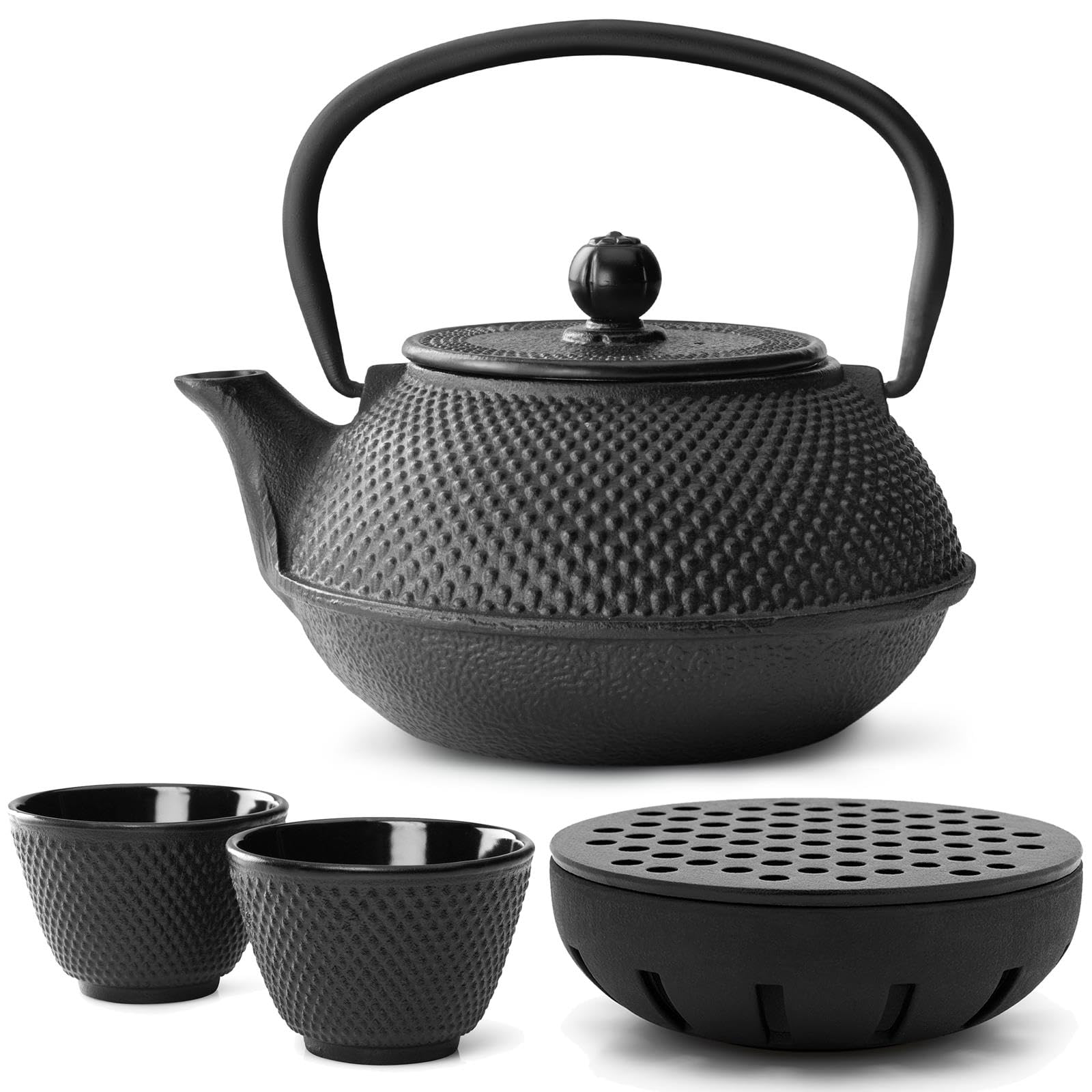 Bredemeijer Teekanne asiatisch Gusseisen Set schwarz 0.8 Liter Teekessel mit Henkel & Edelstahl Tee-Filter Sieb-Einsatz & 2 Teebecher schwarz inkl. Stövchen