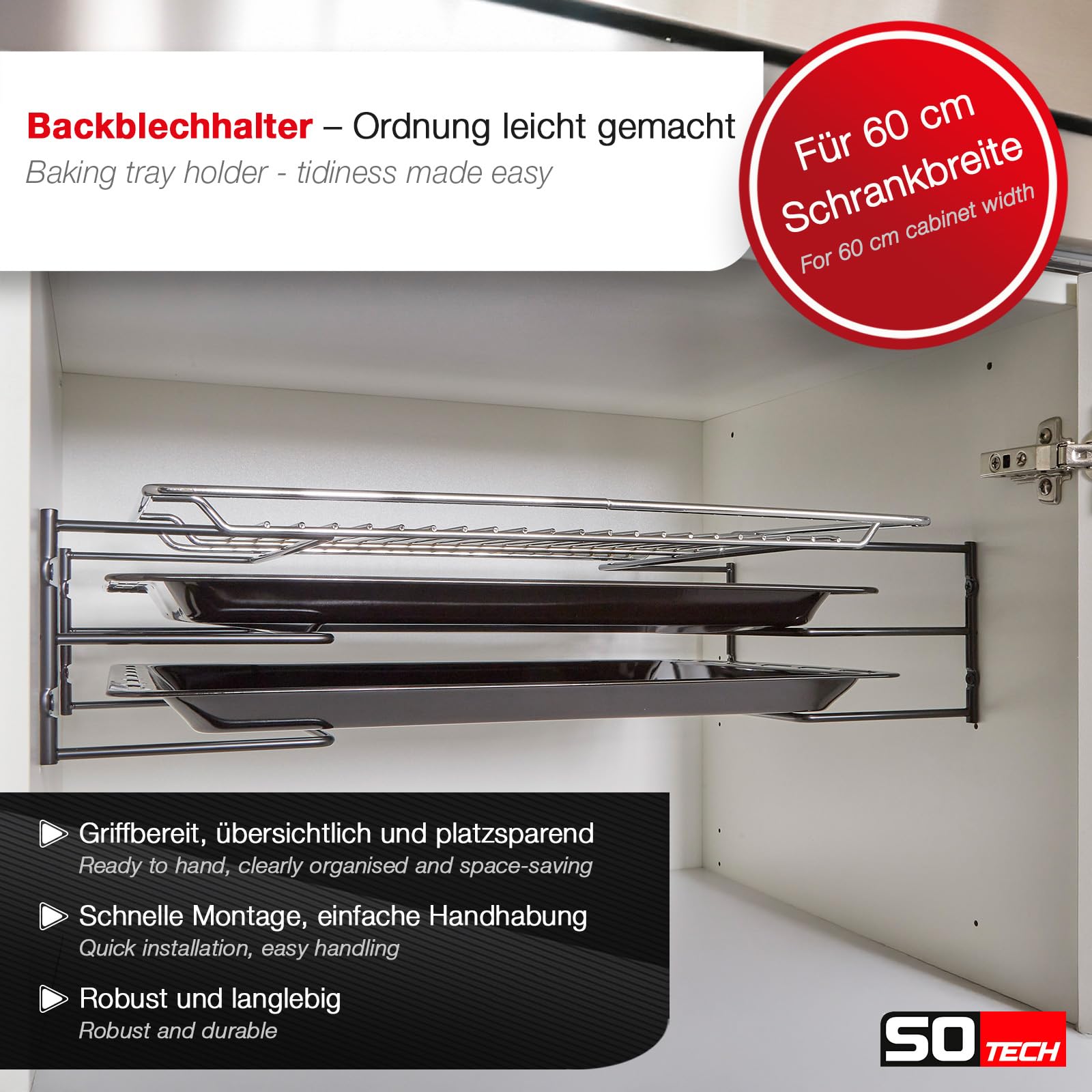 SOTECH Support de plaque de cuisson pour 3 plaques de cuisson (364 x 140 x 125 mm, noir chromé, pour largeur de caisson de 600 mm) Support de grille de cuisson - l'ordre facile