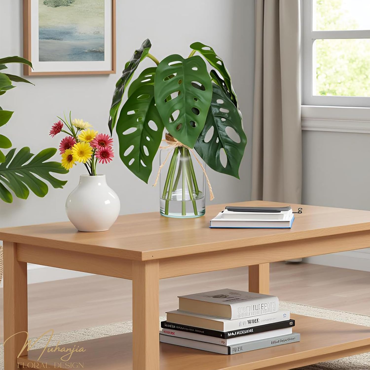 Muhanjia Artificial Flowers Turtle-Back, Alocasia Leaf, in Glass Vase with Faux Water,7Pcs Artificial Leaves Real Touch Latex Leaves for Centerpiece (2, Turtle-Back Leaf)