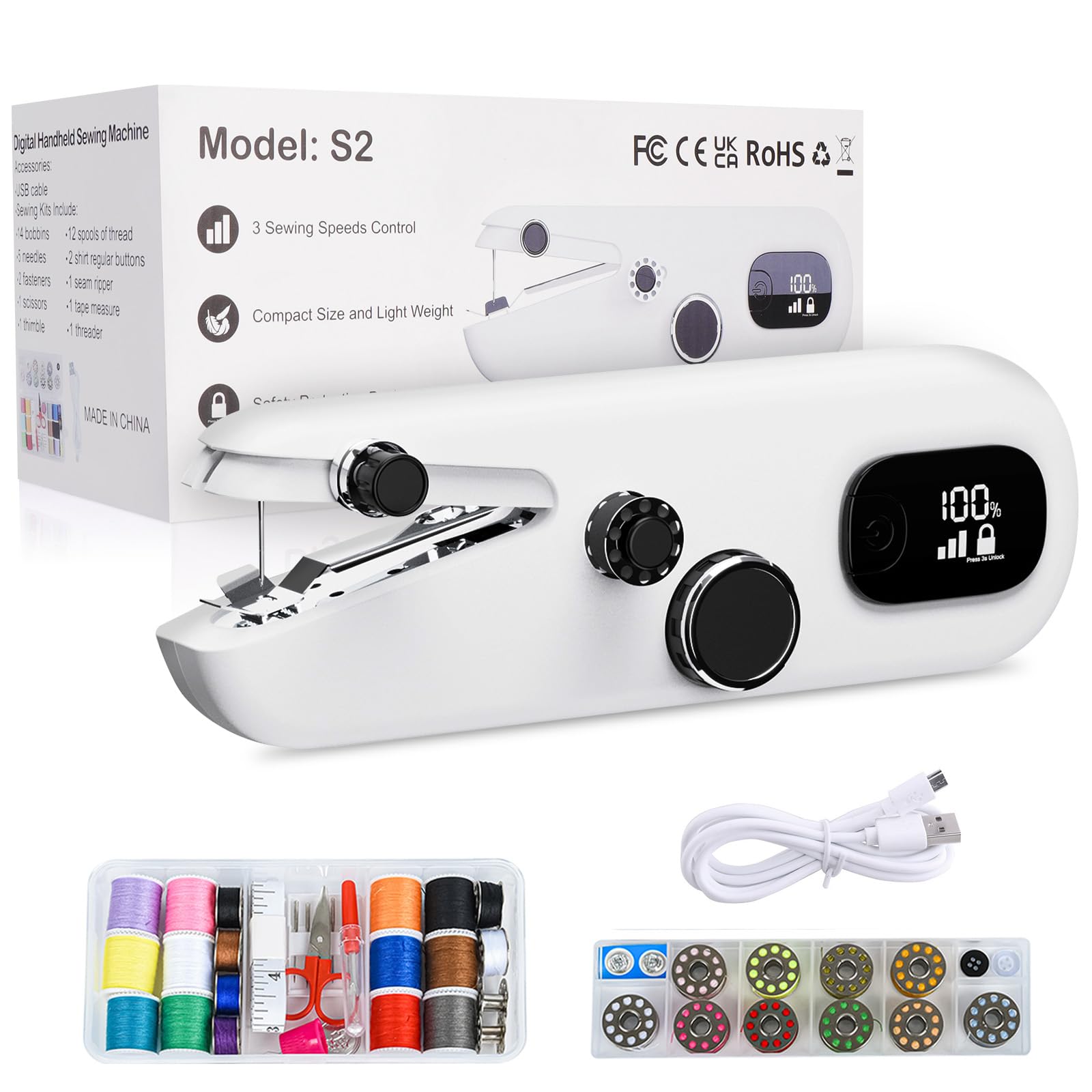 Sewing Machine with LED Display, Handheld Sewing Machine for Beginners, 3 Speed Adjustment Electric Mini Sewing Machine, Easy to Use and Fast Stitch Suitable for Clothes,Fabrics, DIY Home Travel