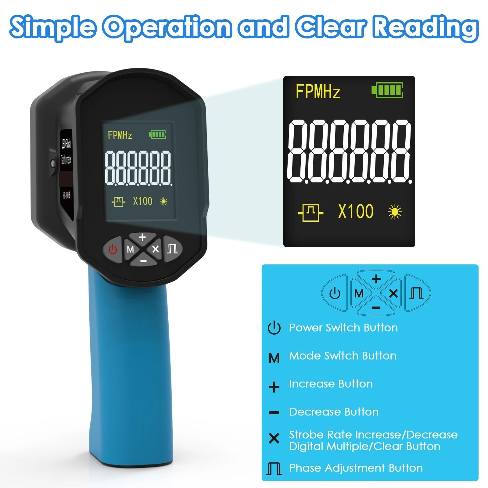 Estroboscopio digital de mano 0.001% Tacómetro con flash LED recargable Tacómetro estroboscópico sin contacto Para motores, tornos.