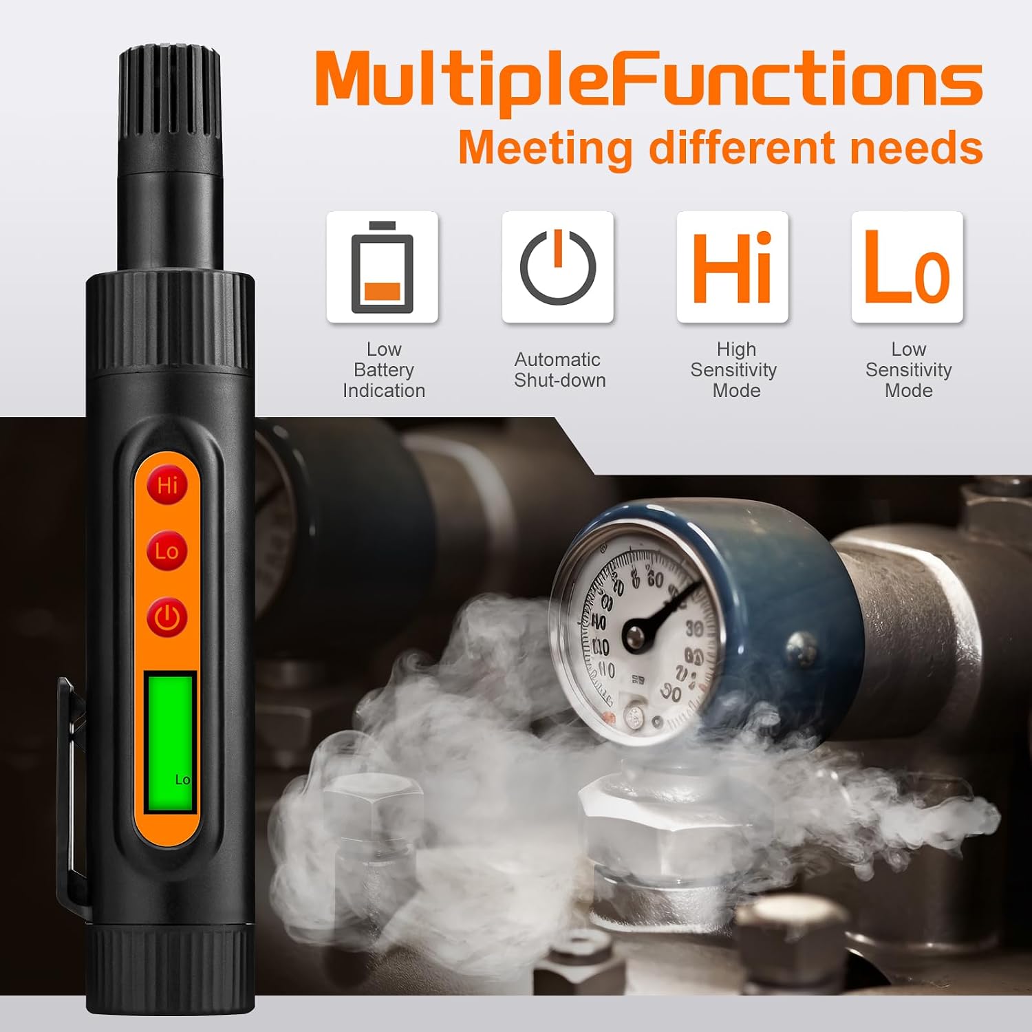 AOTIQUAL Handheld Natural Gas Detector showing its multiple functions: Low Battery Indication, Automatic Shut-down, High Sensitivity Mode, and Low Sensitivity Mode icons.