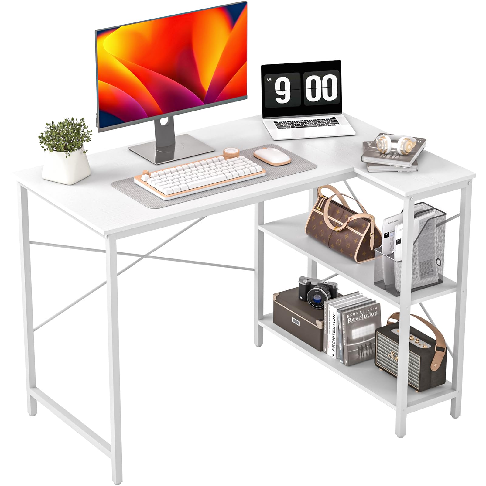 WASAGUNSmall L Shaped Computer Desk with Storage Shelves Home Office Corner Reversible Desk Study Writing Table