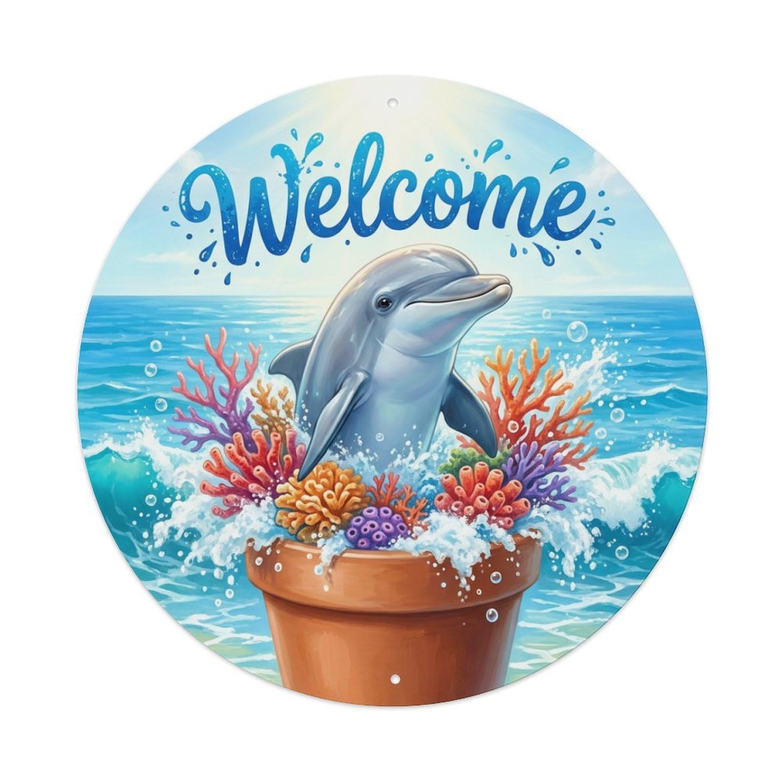 Welcome Dolphin Coral Spray Metal Tin Sign