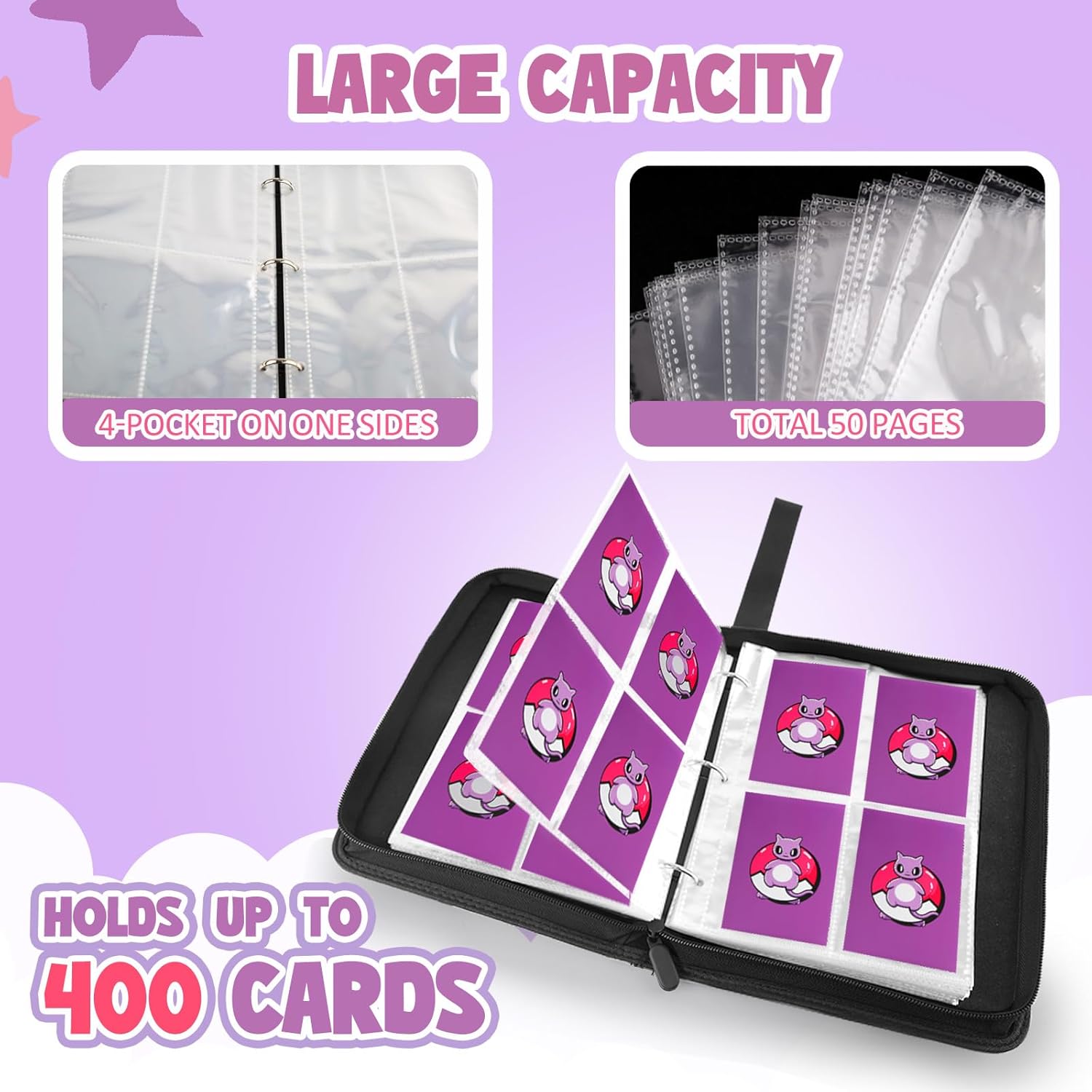 Premium Collectible Trading Card Albums，Card Binder Fits 400 Cards with 50 Removable Sleeves，Display Game Card Case book Holder, Purple Themes