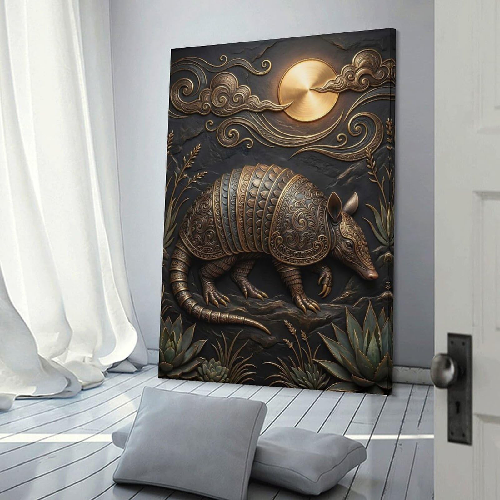 Junmoney Canvas Wall Decor Ornate Armadillo with Golden Sun And Clouds, 20x30inch(50x75cm), for Bedroom Decor, Cosy Corners Or Studios, Decorative Wall Art for Cosy Rooms