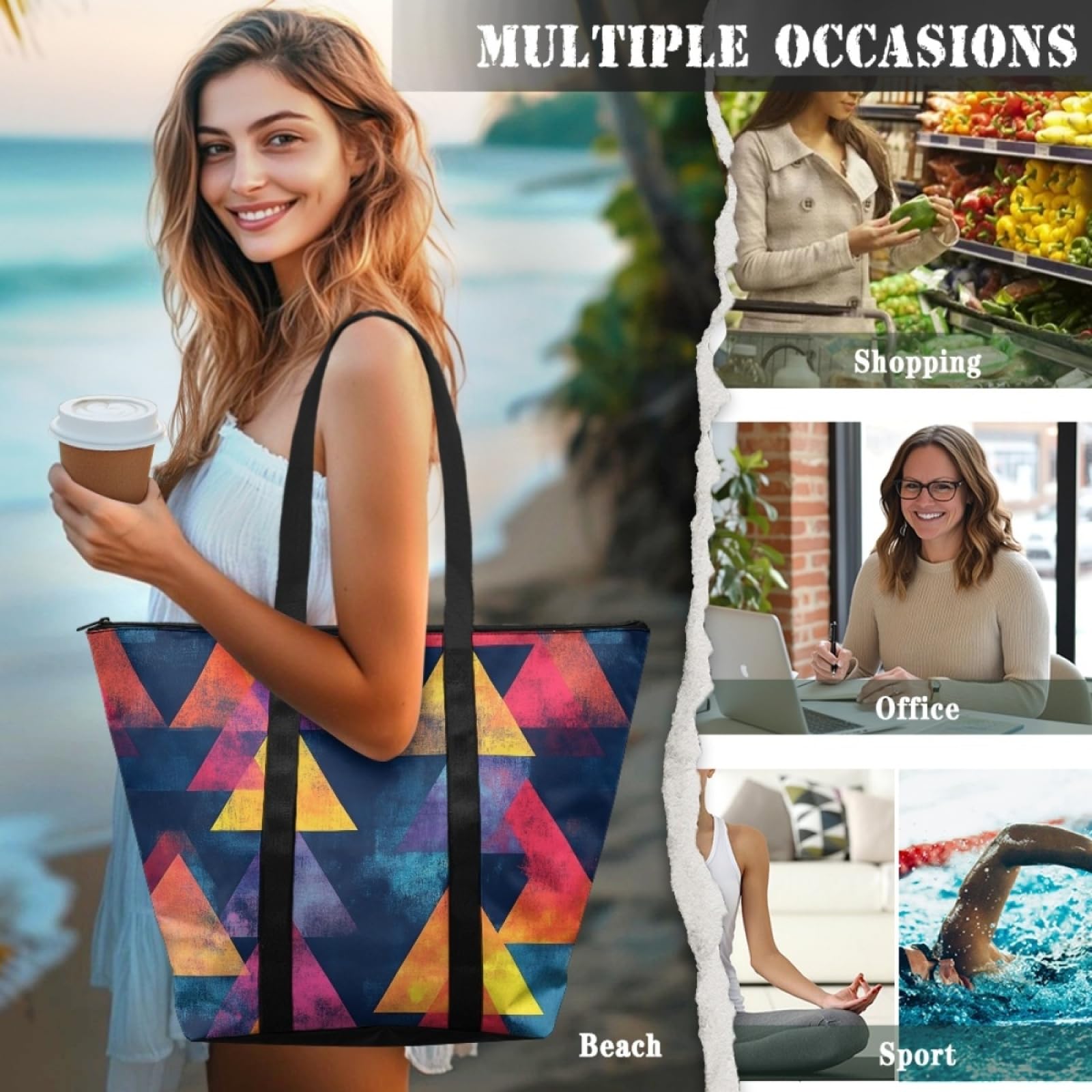 Tote Bag Tela Bolsa Tela Poliéster Bolsa Compra Plegable Bolso de Mano de Mujer Reutilizable Totebag Playa Cremallera Duradero Bolso Viaje