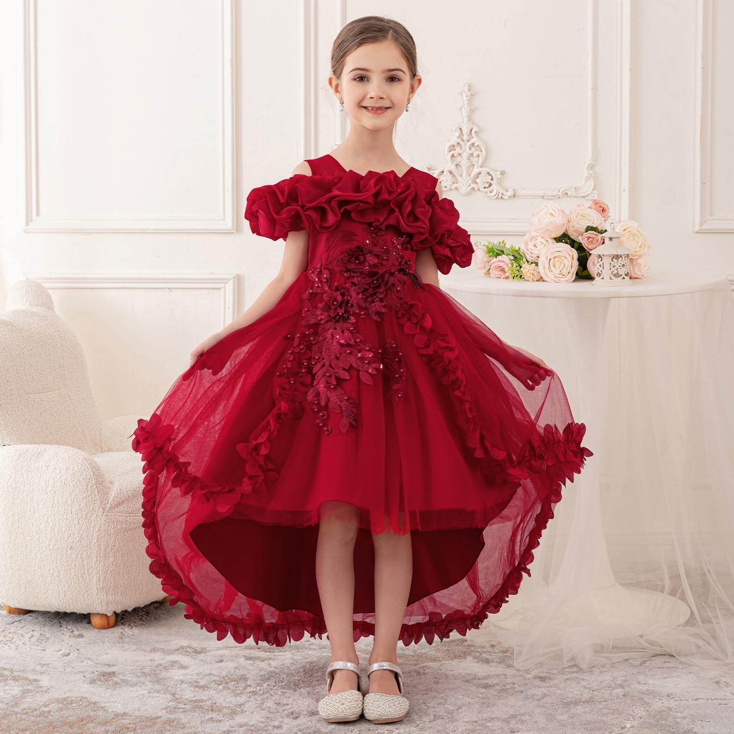 Girl's Princess Dress, Birthday Party, Pageant Gown - Ruffle Tulle Satin Princess Dresses with Kids Train - Image 2