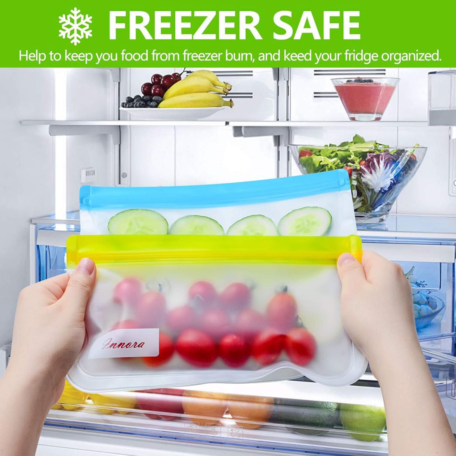 Innora Reusable Storage Bags - Reusable Freezer Bags BPA FREE - 2 Leakproof Reusable Bags + 5 Reusable Sandwich Bags Washable + 5 Reusable Snack Bags - Lunch Bags for Food