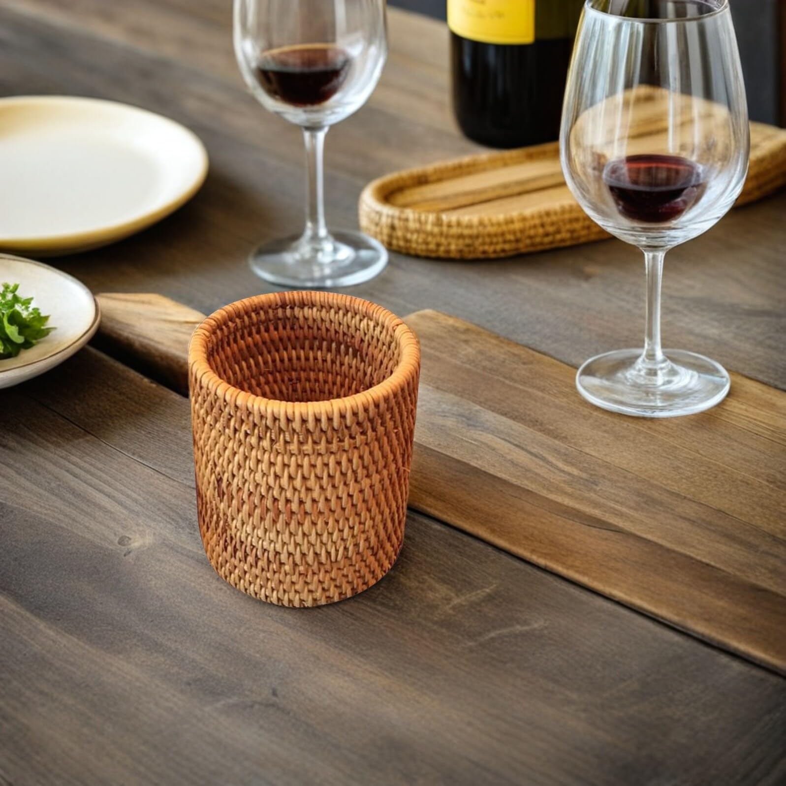 Healifty Contenitore Cilindrico in Vimini Intrecciato Per Set Da Tè Organizer Scrivania Ufficio E Porta Penne Cesto Multiuso in Rattan Naturale Per Casa E Ristorante 3.15X3.15X3.94In