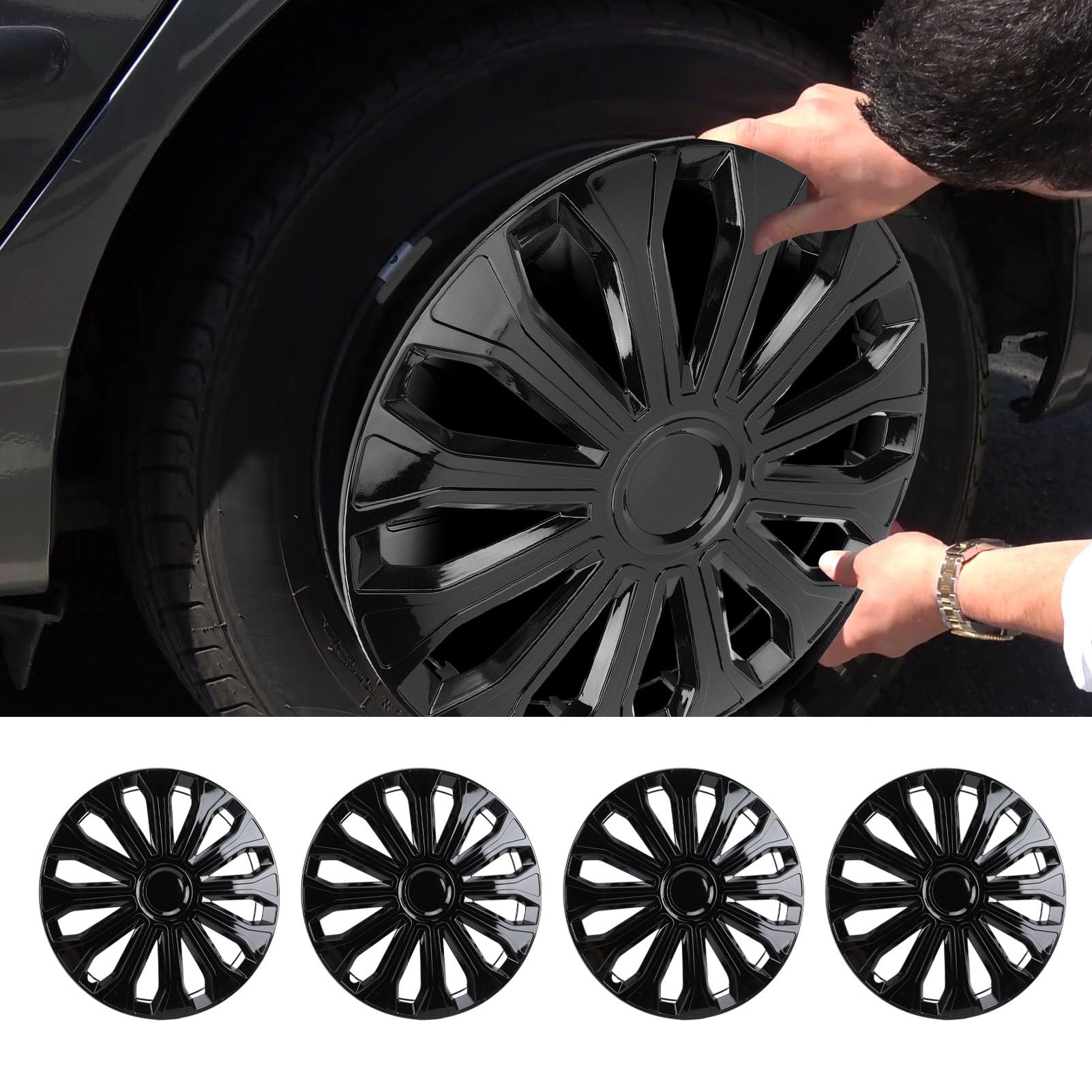 16-calowe Uniwersalne Osłony Piast kół 4 szt. Premium ABS Clip On Design do kół Stalowych Stylowa Ochrona dla Samochodów Osobowych, Ciężarowych, SUV (Cały czarny)