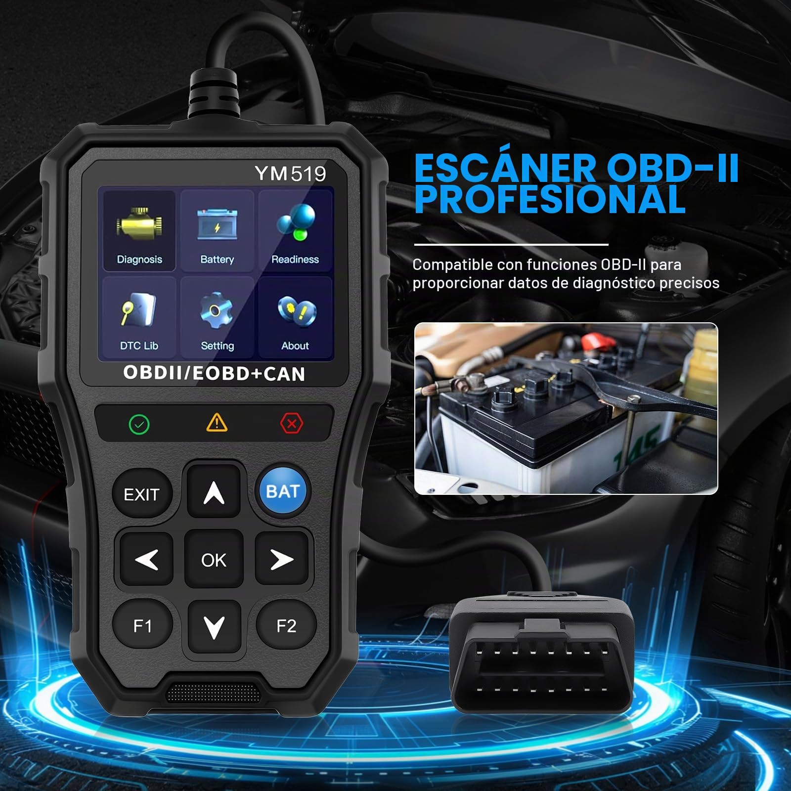 OBD2 Diagnosis Coche Scanner Lector Diagnóstico Apoya Español con 10 Modos de Diagnóstico, Prueba de Componentes/Sistemas, Borra Códigos de Error del Vehículo