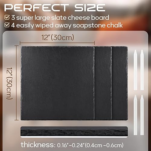 Miniatura 3 de GOH DODD Juego de 3 tablas grandes de pizarra para quesos de 12 x 12 pulgadas, tableros de charcutería, platos de pizarra de piedra, grabado láser