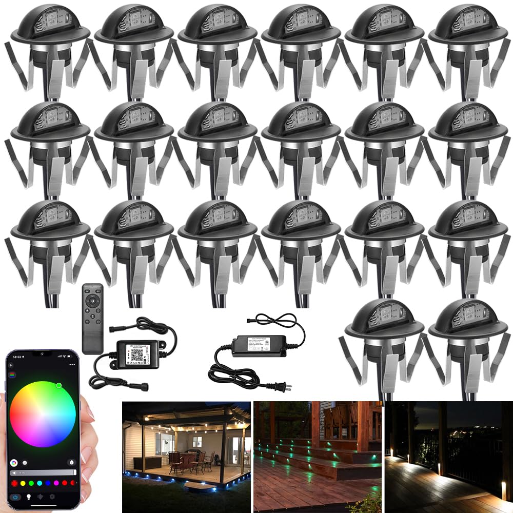 Bluetooth Deck Lights Kit, Sumaote 20pcs Φ1.38" RGB Half Moon Low Voltage Recessed Deck Lights Bluetooth APP Control In-ground Lighting Waterproof Outdoor Yard Path Stair Landscape Decor, Black