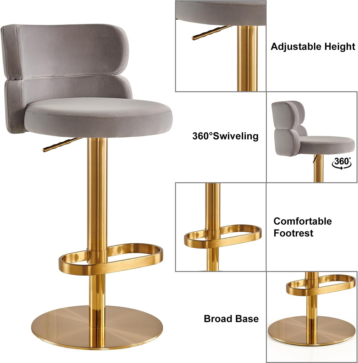 Velvet Bar Stools Modern Swivel Adjustable Height Kitchen Counter Bar Stools with Footrest for Living Room Dining Room (GOLG, Grey 1pcs)