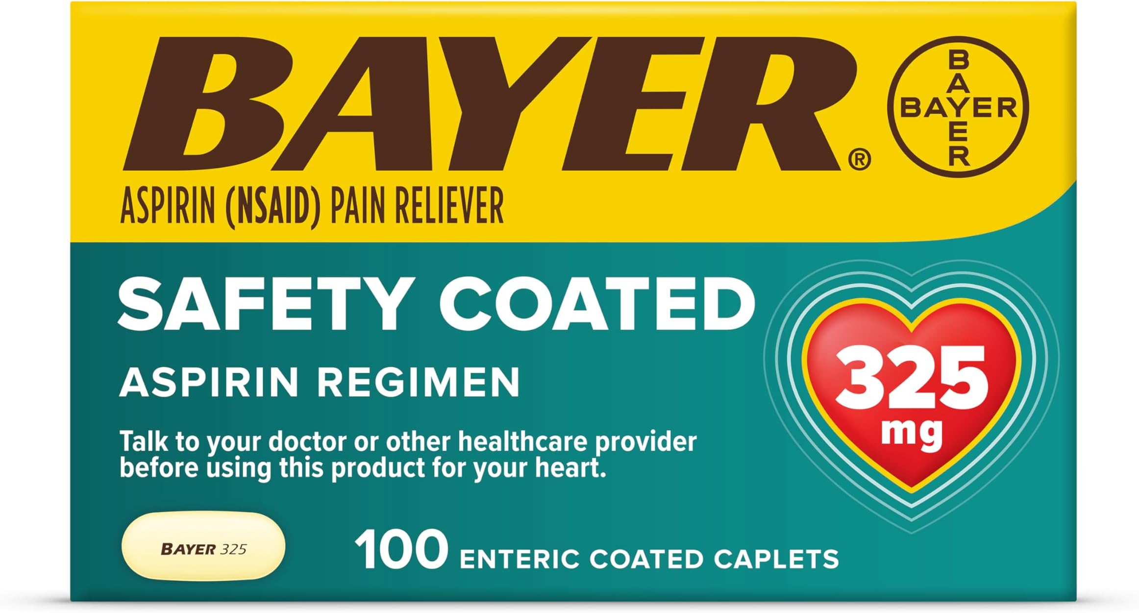 Aspirin Regimen Bayer, 325mg Enteric Coated Tablets, Pain Reliever, 100 Count