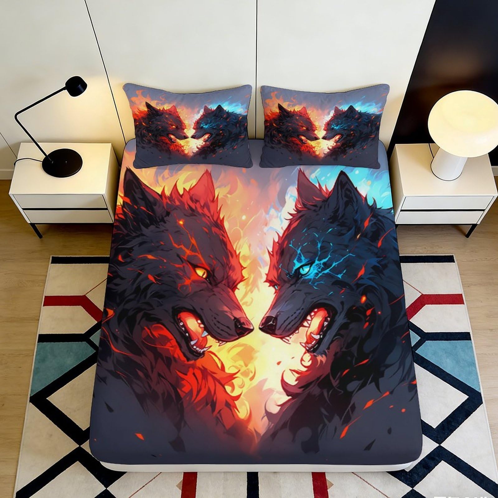 3D Printed Fire Wolf Fitted Sheet Microfiber Soft Breathable Ice Wolf Mattress Cover for Bedroom Dorm Decor 90x200x25cm