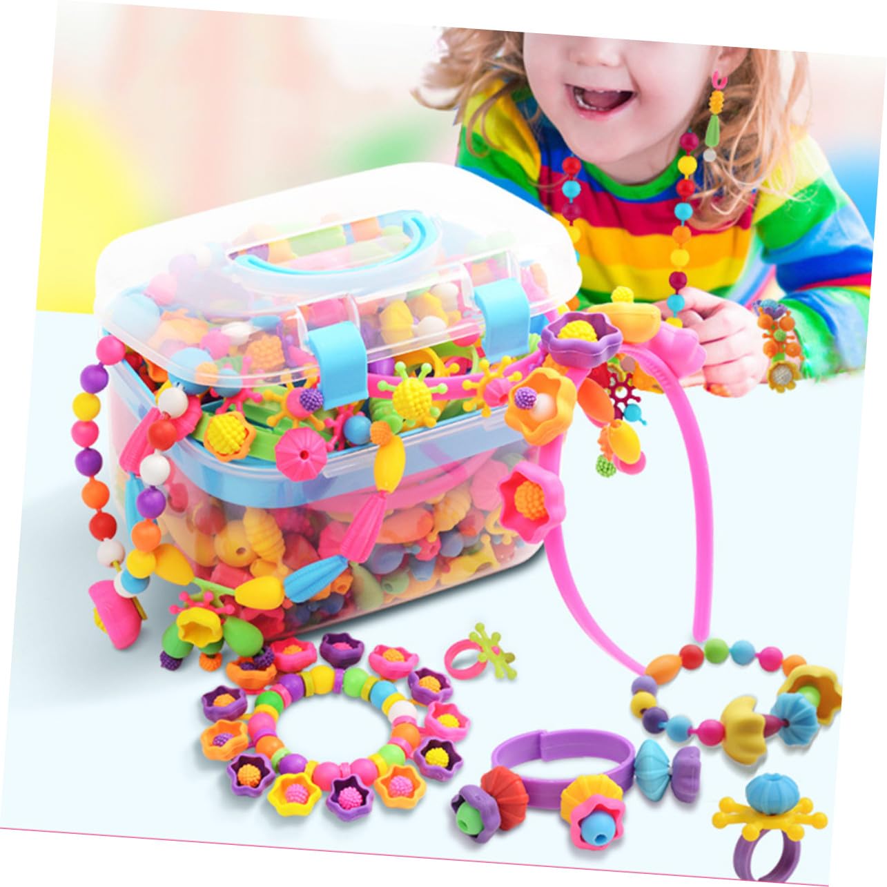 Mikinona 1 caja Kit Manualidades Niña con Abalorios de Plástico Caja Organizadora Portátil y Lavable para Hacer Pulseras y Collares Mejora Creatividad y Coordinación Infantil