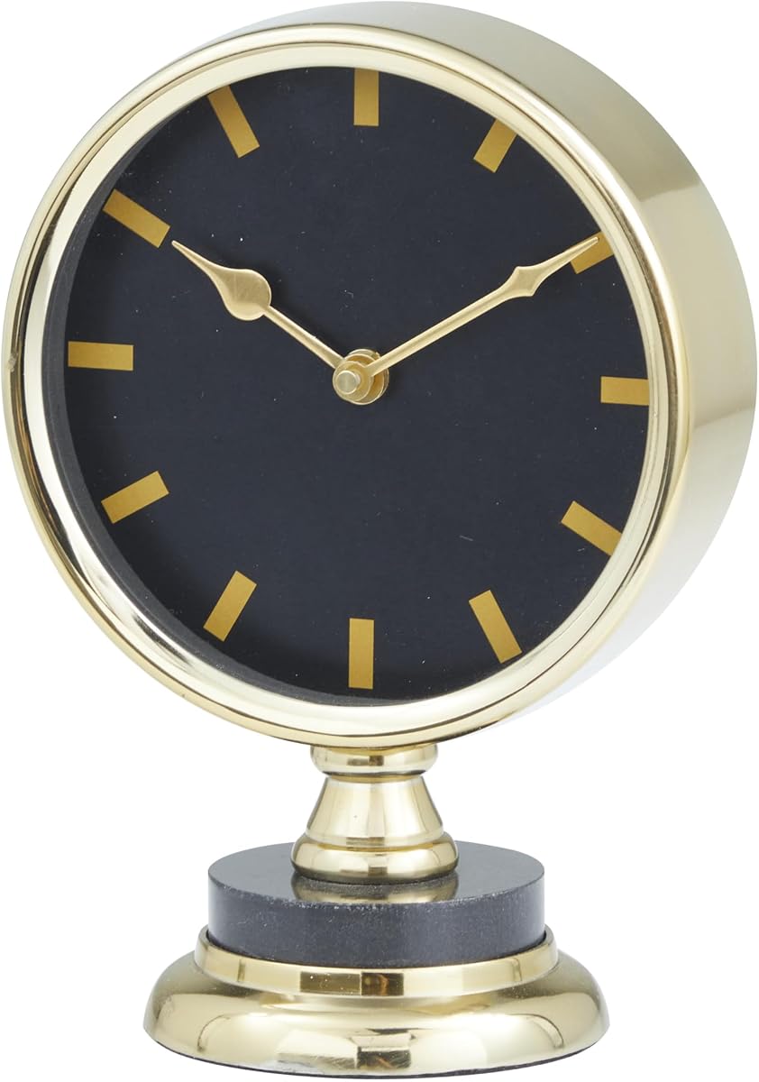 Reloj de metal de acero inoxidable Deco 79 con innumerables esfera de reloj negra y detalle de mármol, 6" x 4" x 9", dorado