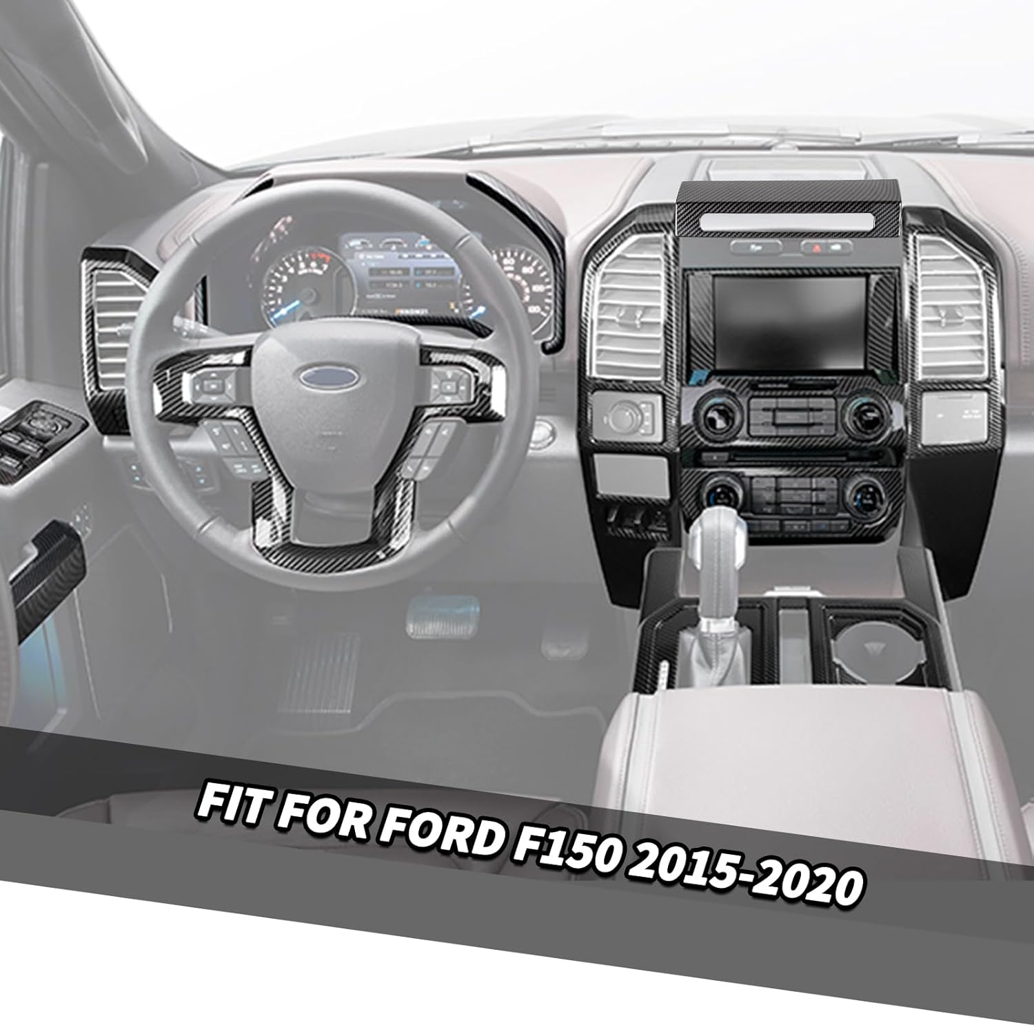 Jimen Fit for Ford F150 2015-2020, 25PCS Carbon Fiber Interior Kits - Dashboard Cover, Gear Shift Panel, Inner Door Handle Trim, Window Lift Switch Panel