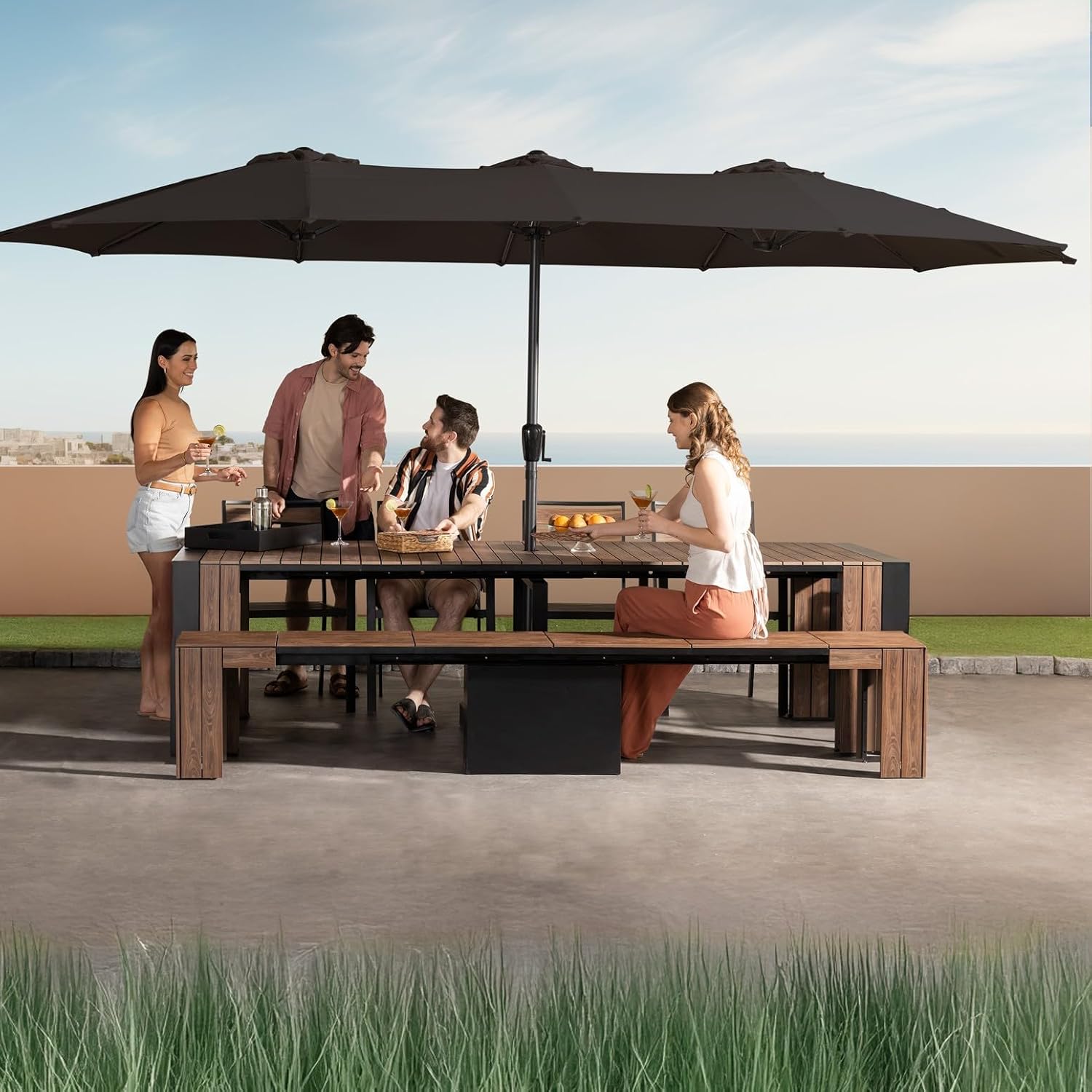 Transformer Table - Extendable Outdoor Dining Set, up to 12 Seats, Expandable Patio Table, Weather-Resistant Patio Furniture, Dark Walnut, Brown (Table + Bench + 4 Chairs + Umbrella)