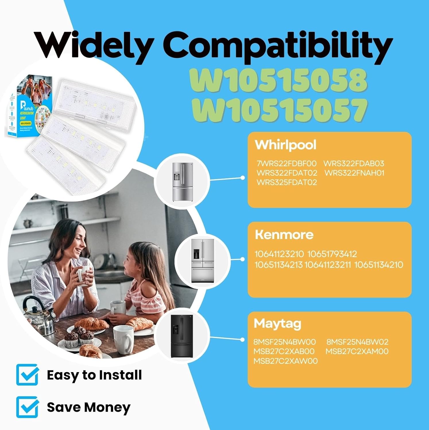 W10515058 Refrigerator Main LED Light WPW10515058 AP6022533 PS11755866 W10522611 W10465957 AP6022534 PS11755867 3021142 Compatible for Whirlpool, Kenmore, Maytag, KitchenAid, AP6022533 PS11755866