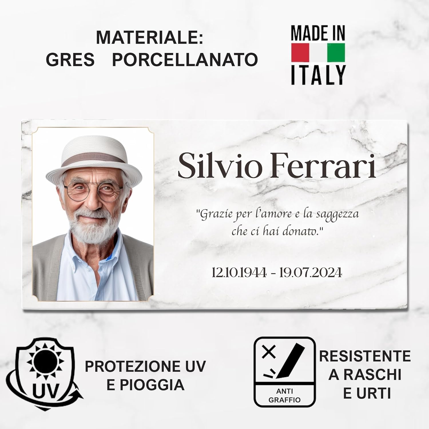 Albalù Targa Commemorativa Personalizzata Gres Porcellanato Effetto Marmo 20x40 cm – Lapide Personalizzata con Foto Nome Date e Dedica – Fotoceramica per Lapide Cimitero Resistente Esterni (Grande)