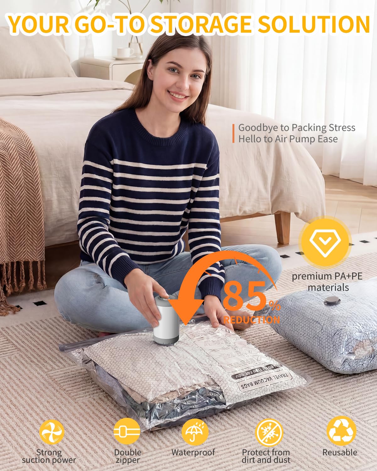 Lot de 15 sacs de rangement sous vide pour voyage avec pompe à air à double usage, sacs de compression sous vide pour vêtements, valises, essentiels de voyage pour la rentrée scolaire, l'université