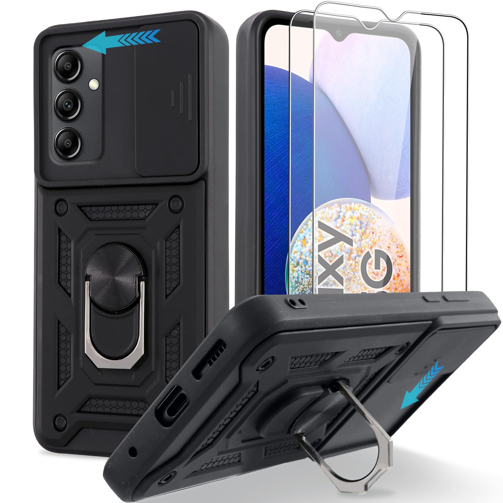 Pnakqil für Samsung Galaxy A14 5G Hülle mit Kameraschutz [2 Stück Panzerglas] Outdoor Stoßfest Sturzfest Handyhülle mit 360°Drehbarer Ring Ständer Bumper Hard Schutzhülle mit Slide Camera - Schwarz