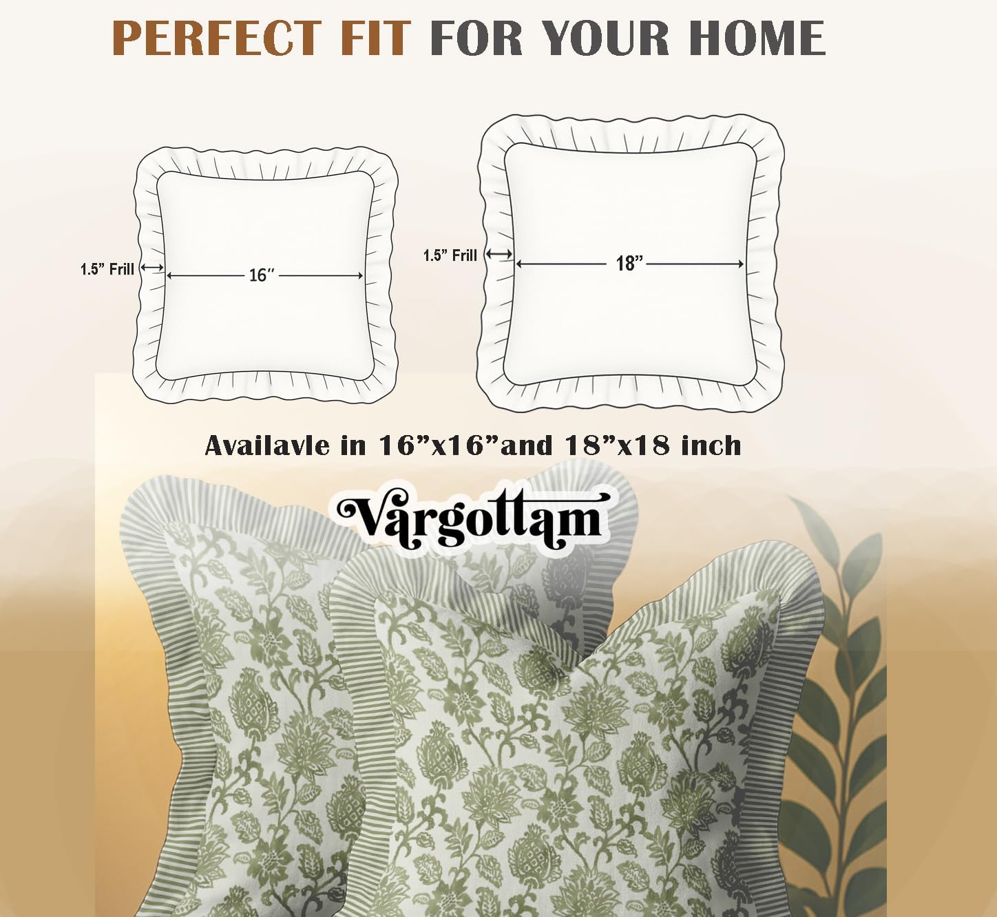 Cotton Twill Frill Cushion Covers 18 Inch Square, Set of 2, Reversible Print, Farmhouse Throw Pillow Covers with Hidden Zipper - Floral Print