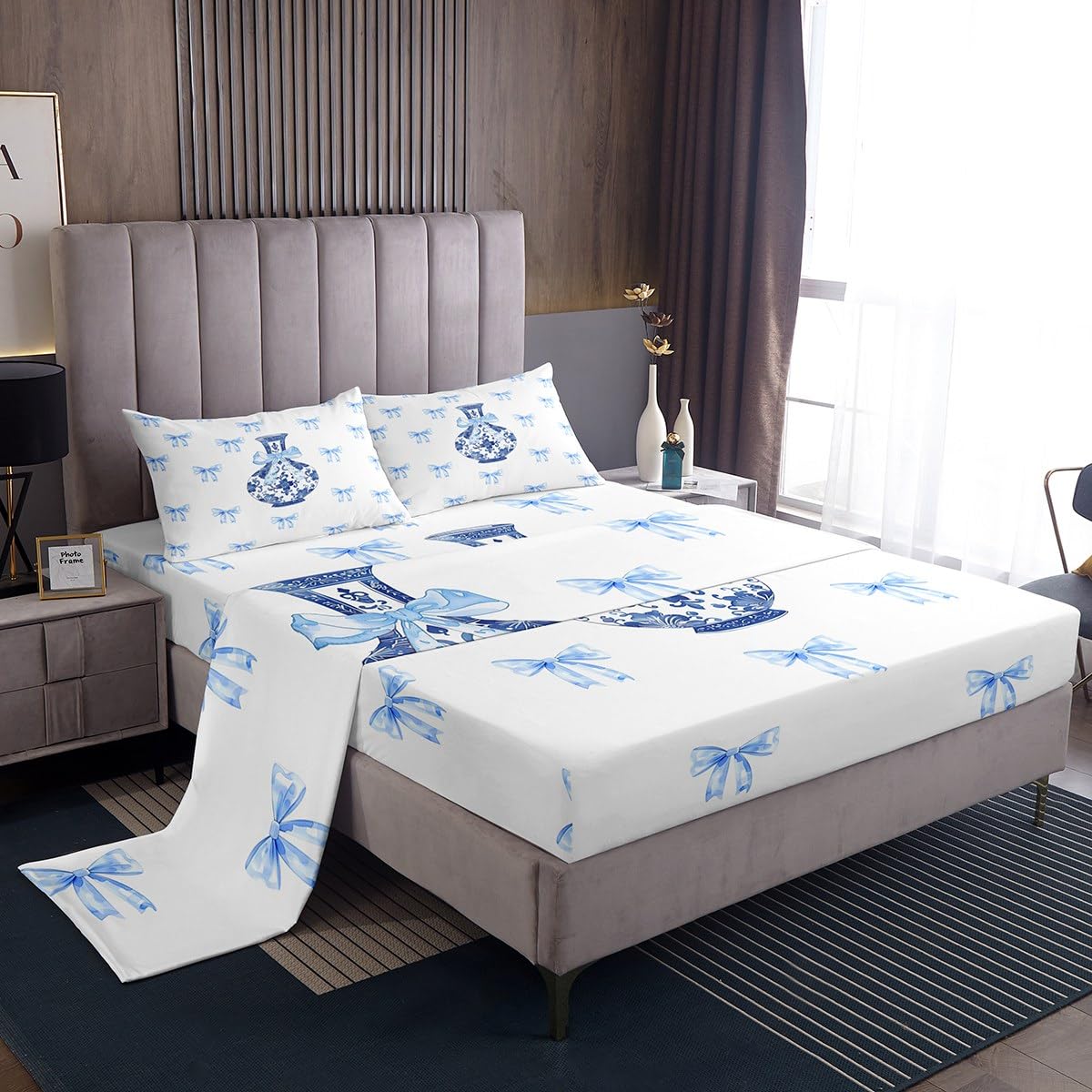 jejeloiu Bow Bed Sheets Set Blue Bowknot Print 4 Pieces Sheet with 16