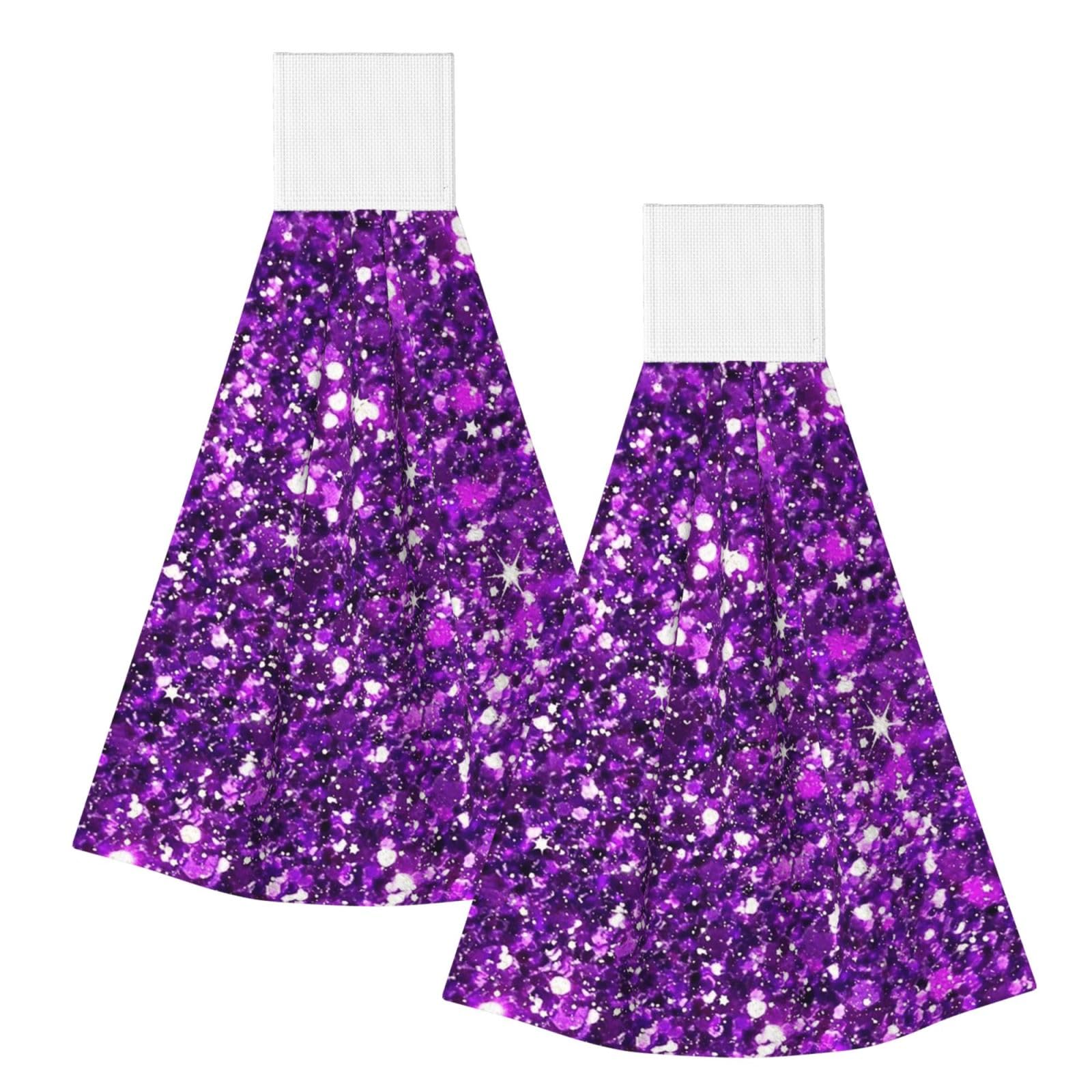 DOPKLNA Glitter Sparkles Shimmer Printing, 2 Pcs Hanging Coral Fiber Hand Towels for Bathroom, Absorbent Kitchen Towels
